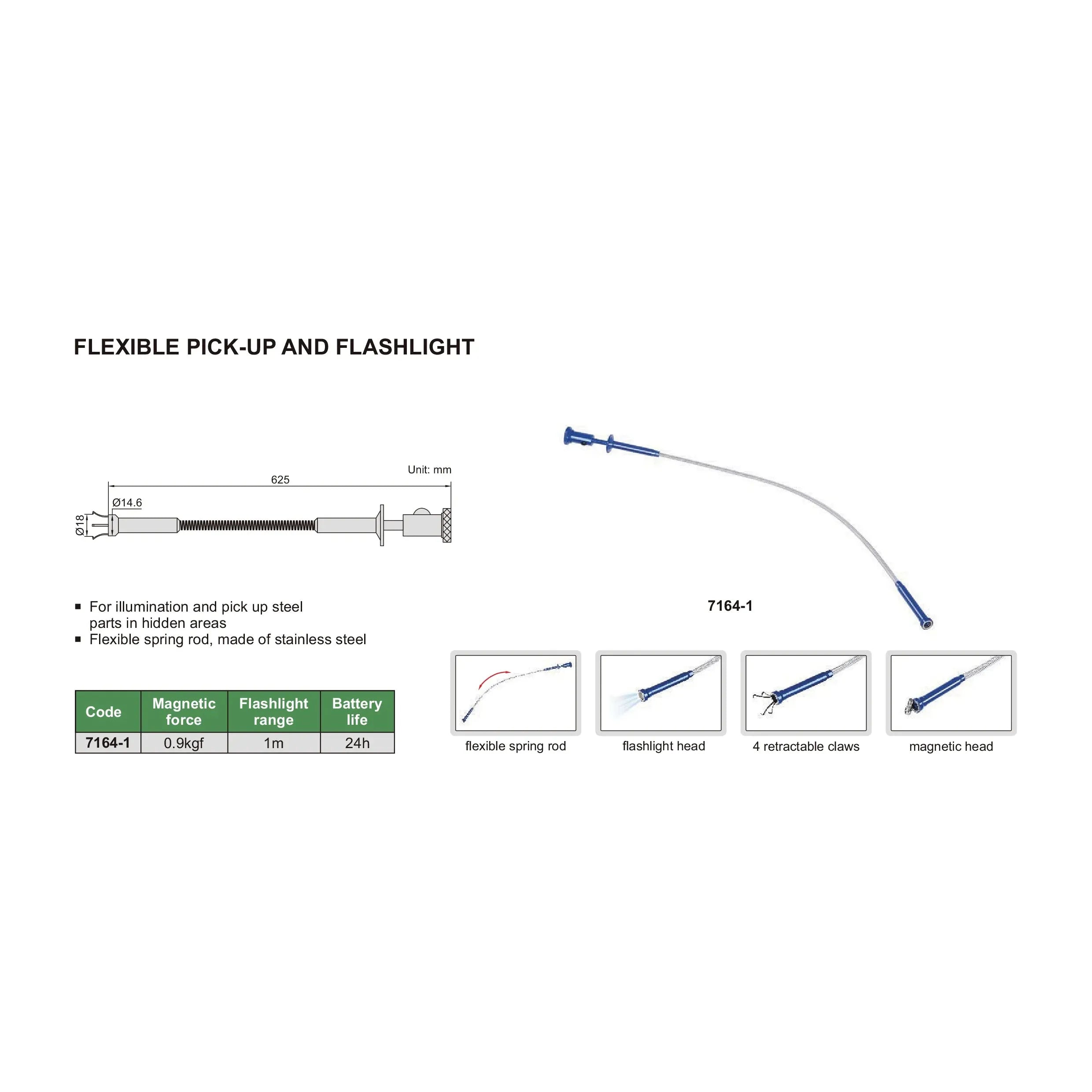 Insize Flexible Pick-Up and Flashlight 625mm Series 7164-1