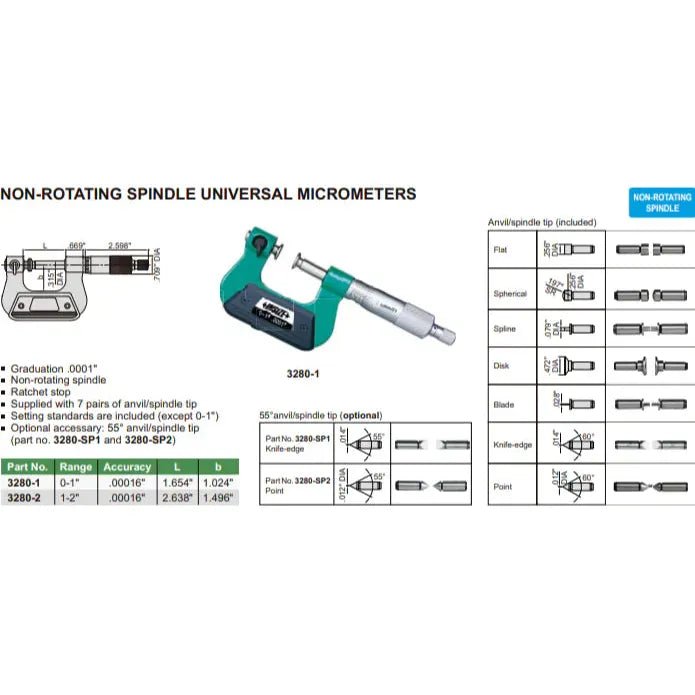 1-2" Non-Rotating Spindle Universal Micrometer 3280-2 - Twin Eagle Imports