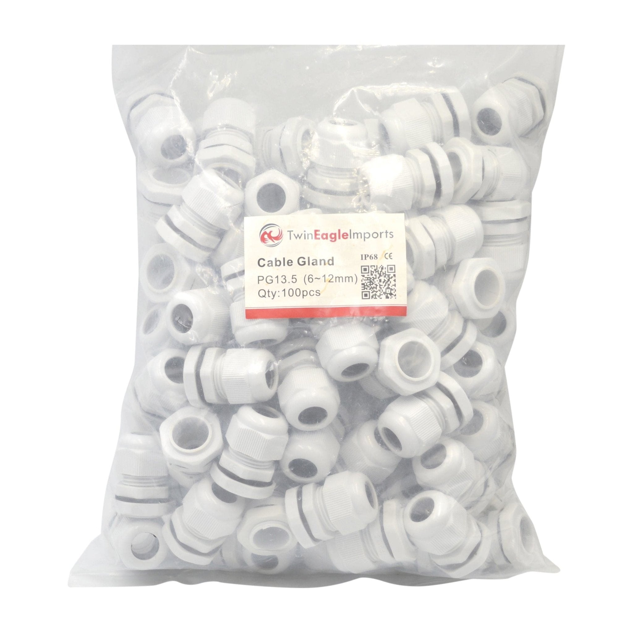 100 Pack IP68 PG13.5 White Nylon Cable Gland 6-12mm Cable Range - Twin Eagle Imports