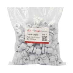 100 Pack IP68 PG7 White Nylon Cable Gland 3-6.5mm Cable Range - Twin Eagle Imports