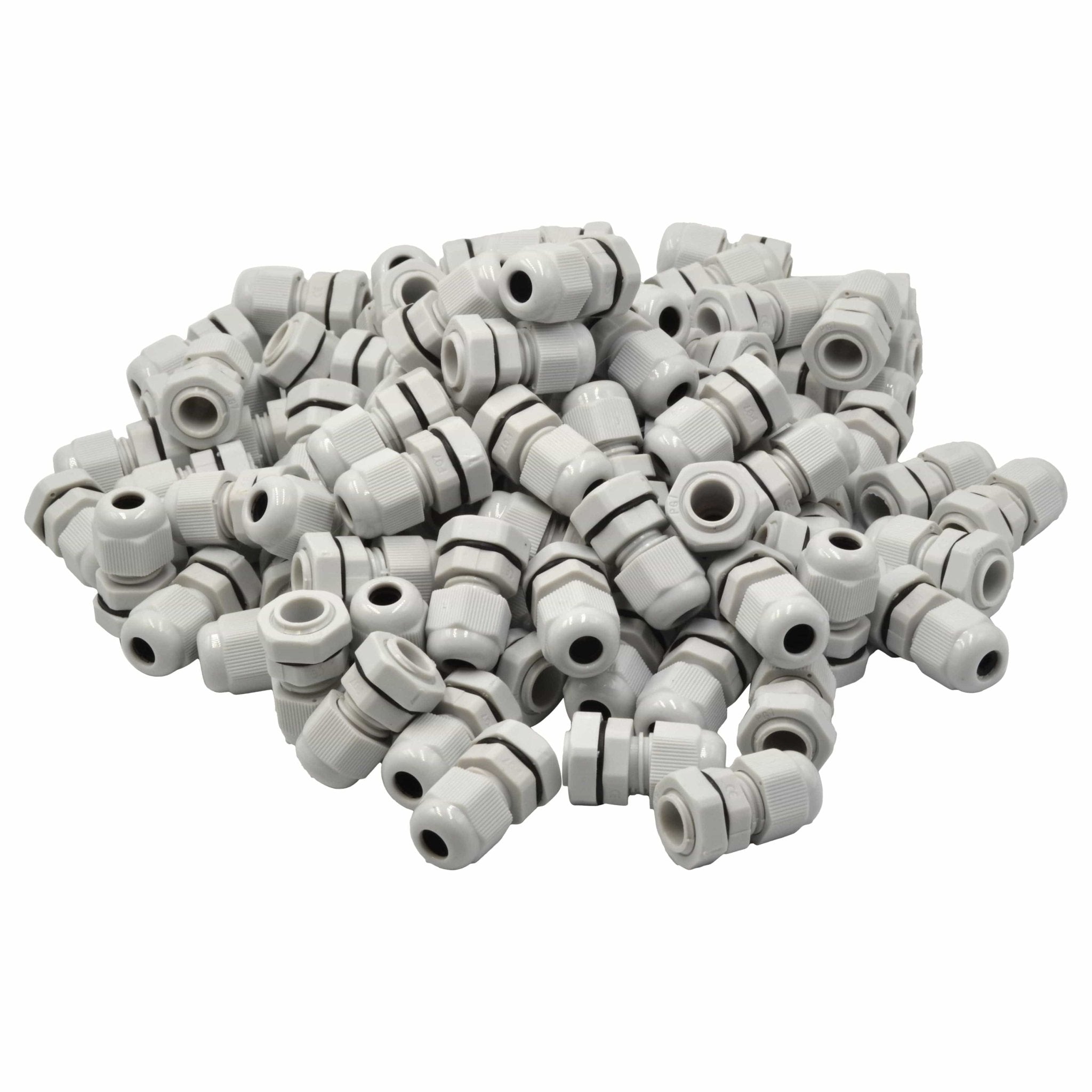 100 Pack IP68 PG7 White Nylon Cable Gland 3-6.5mm Cable Range - Twin Eagle Imports