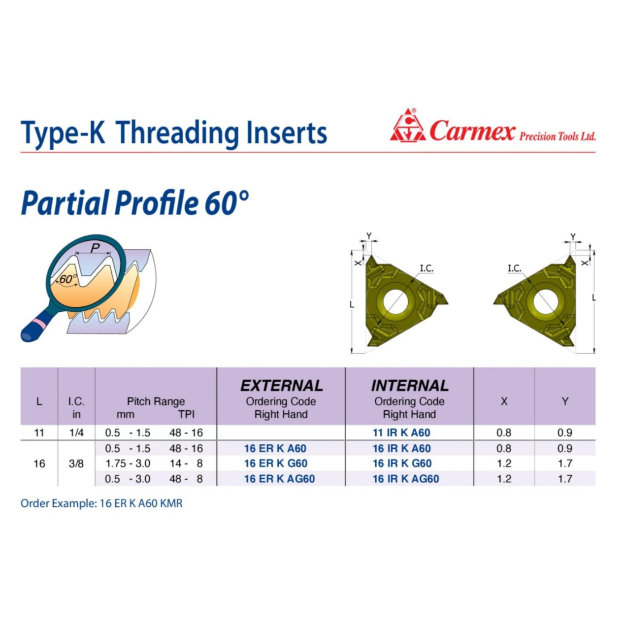 Carmex Internal Right Hand Partial Profile 60° Type K Thread Turning Insert 48-8 TPI/ 16 IR K AG60 KBL
