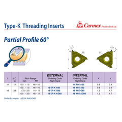 Carmex Internal Right Hand Partial Profile 60° Type K Thread Turning Insert 48-8 TPI/ 16 IR K AG60 KBL