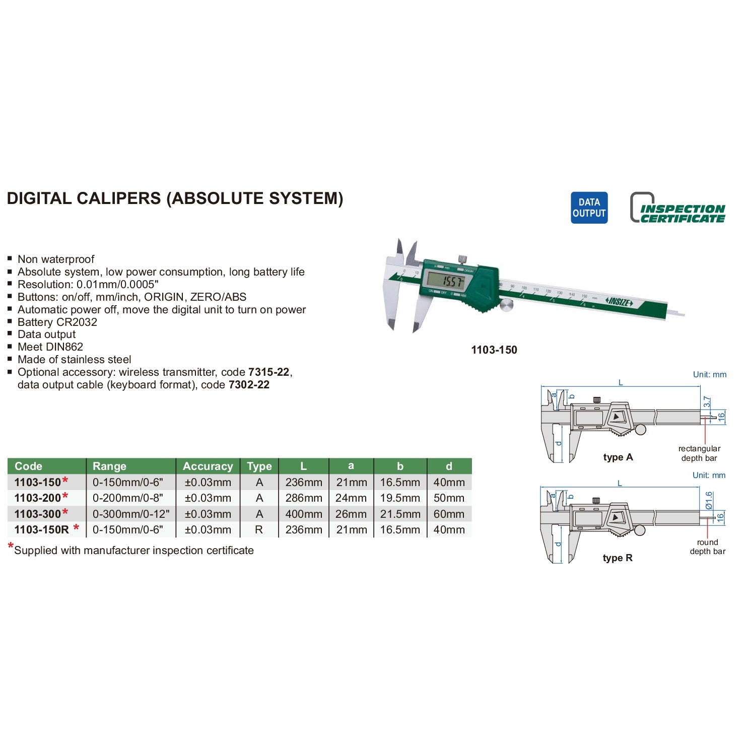 Insize Digital Caliper 0-150mm / 0-6" Range Series 1103-150