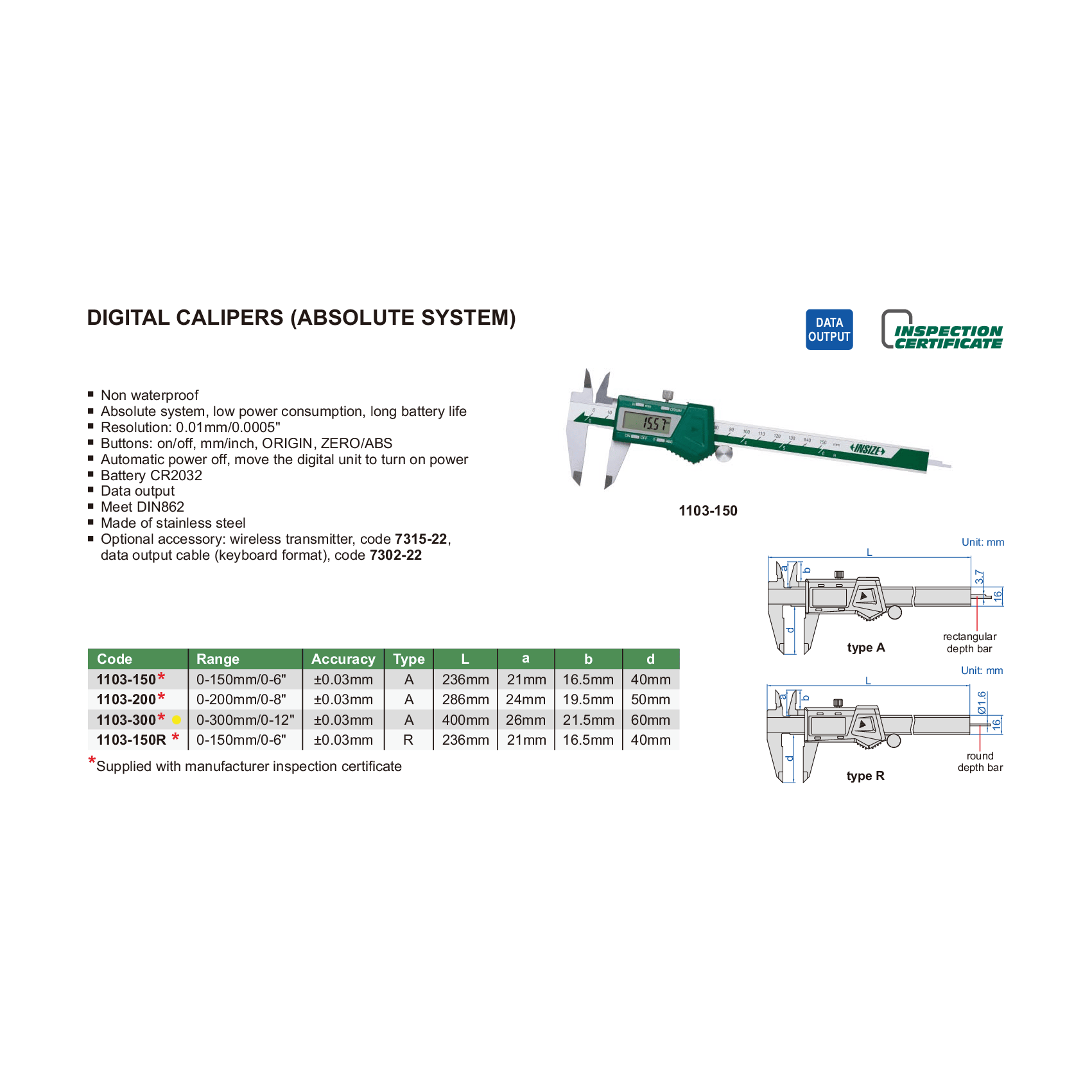 Insize Digital Caliper 0-300mm / 0-12" Range Series 1103-300