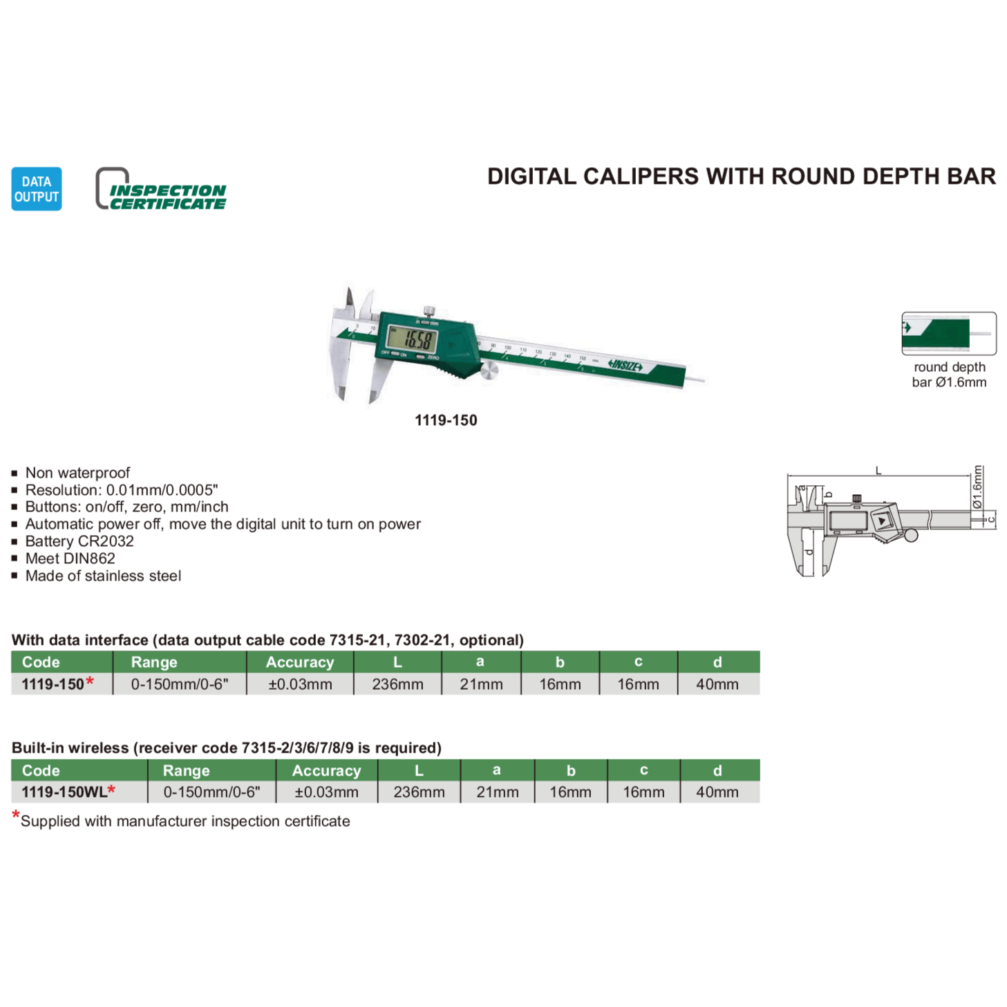 Insize Digital Caliper 0-150mm / 0-6" Range Series 1119-150