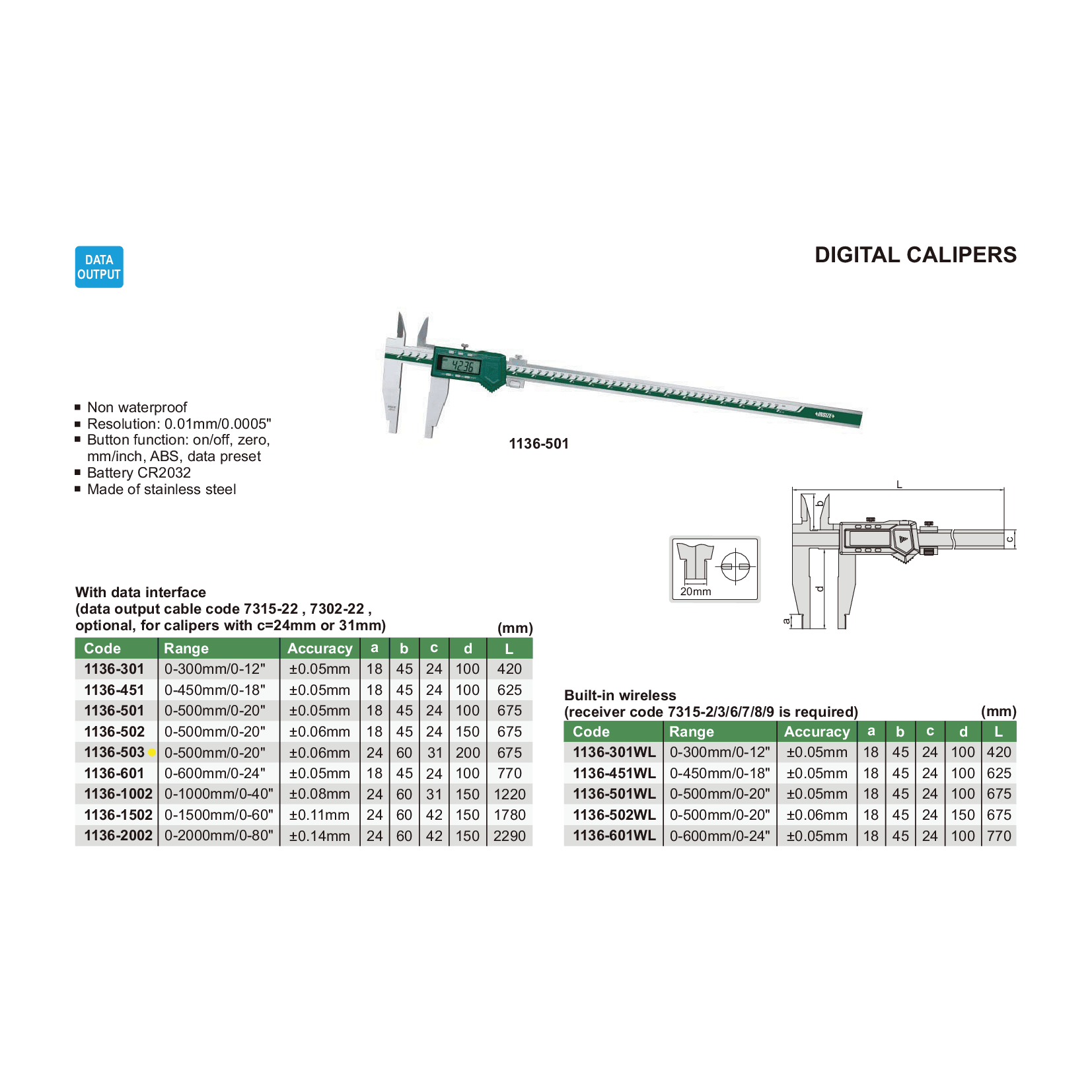 Insize Digital Caliper 0-500mm / 0-20" Range Series 1136-503