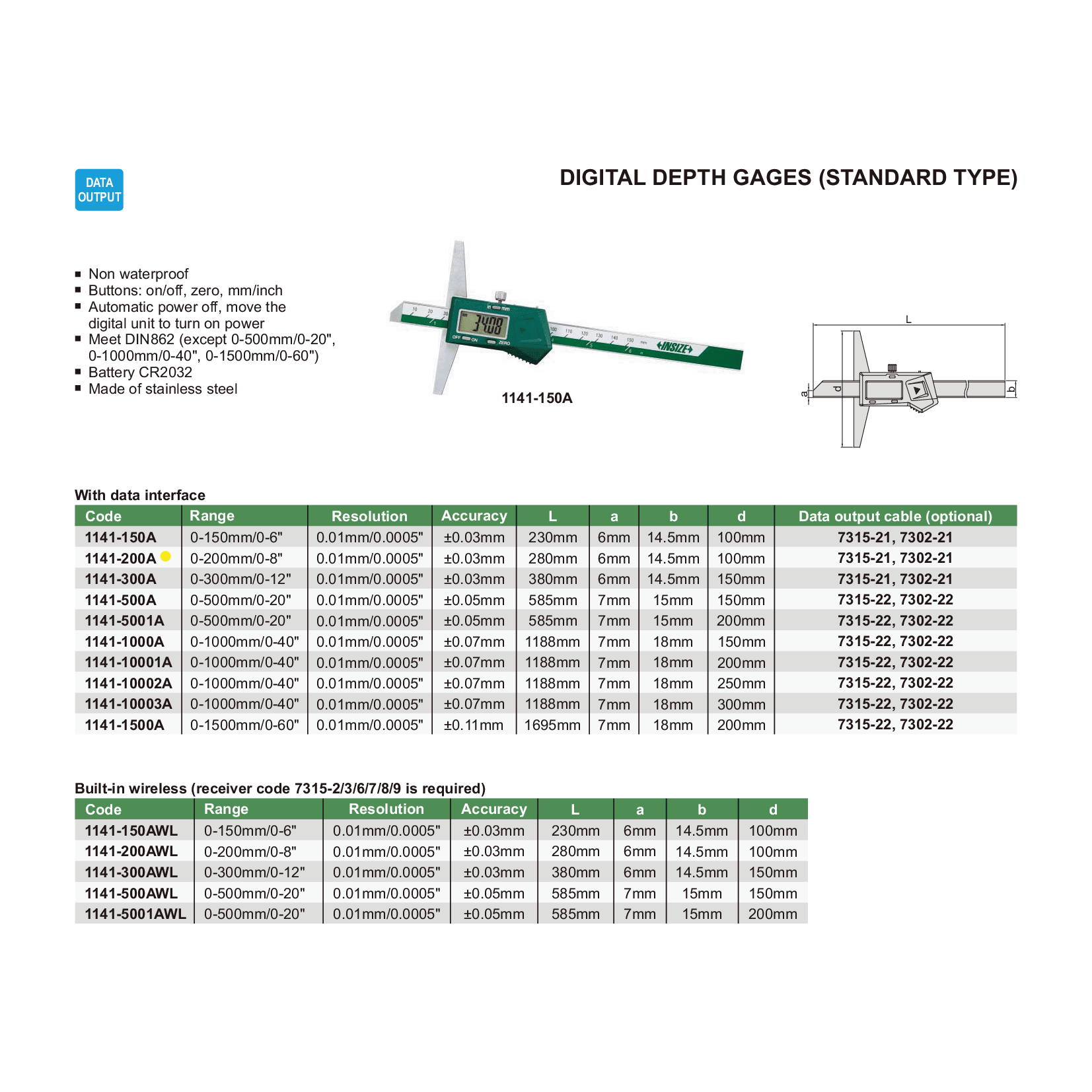 Insize Digital Depth Gauge 0-200mm/0-8" Range Series 1141-200A