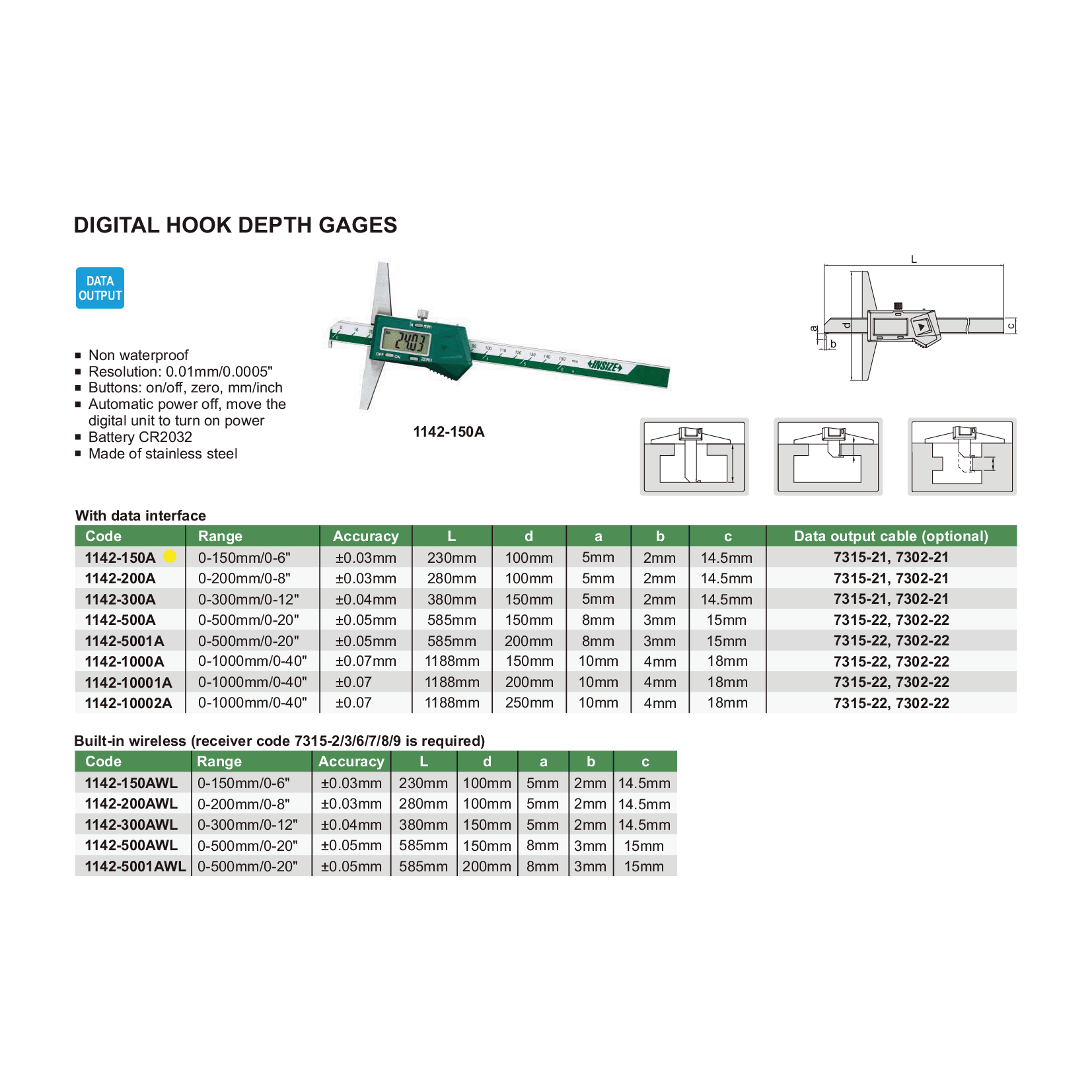 Insize Digital Hook Depth Gauge 0-150mm / 0-6" Range Series 1142-150A