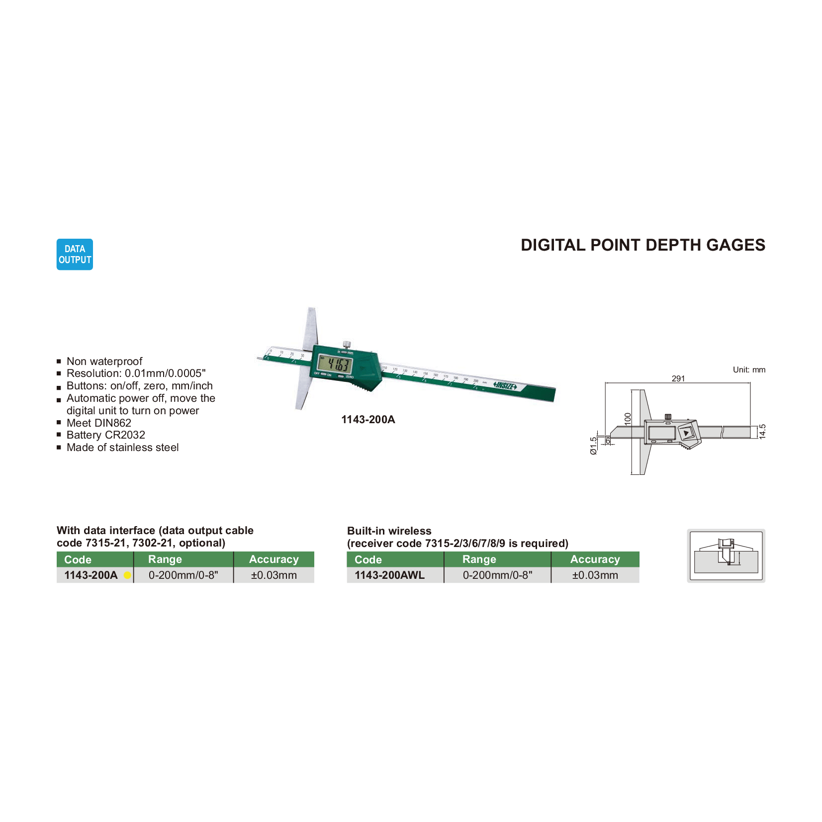 Insize Digital Point Depth Gauge 0-200mm x 0.01mm Range Series 1143-200A