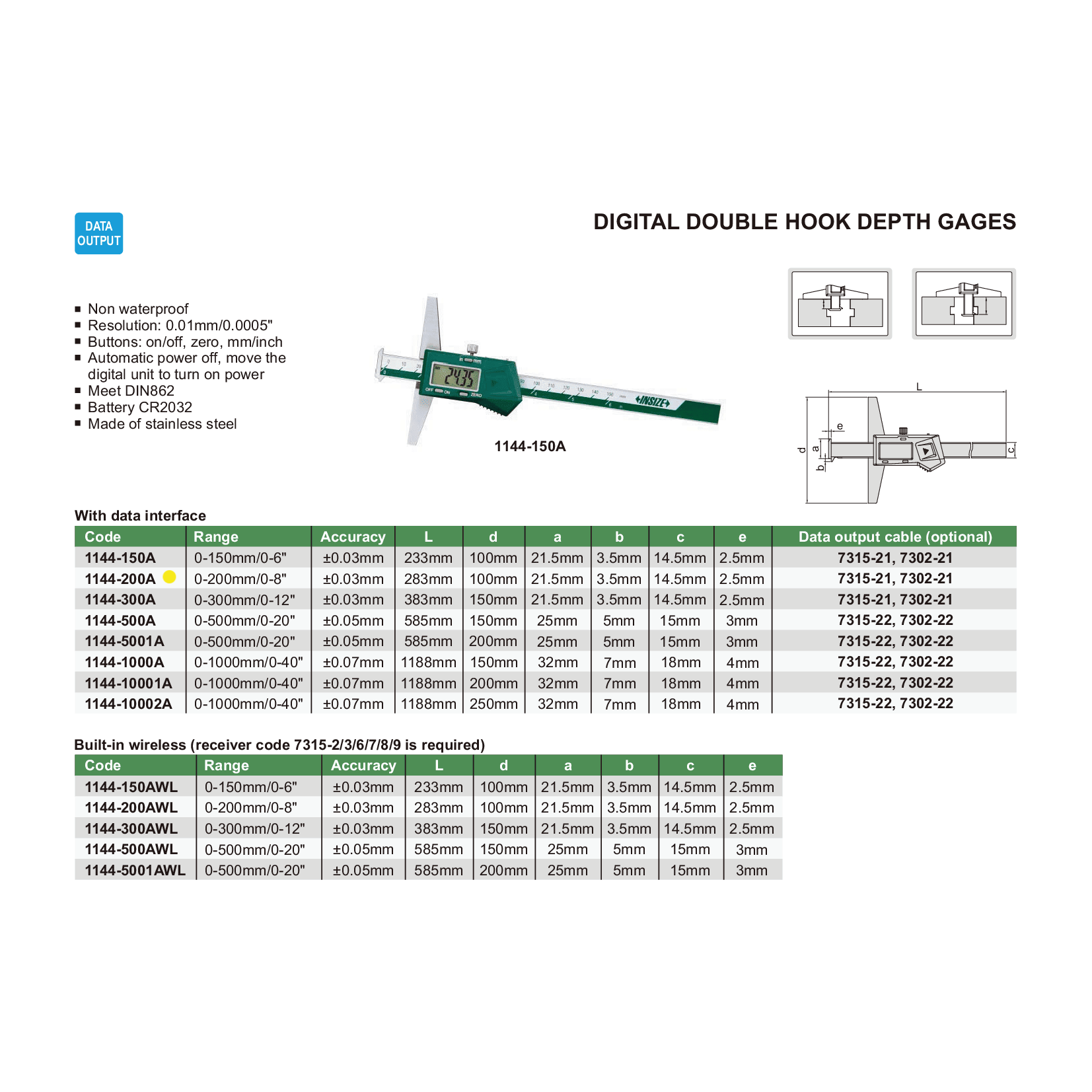 Insize Digital Double Hook Depth Gauge 0-200mm / 0-8" Range Series 1144-200A