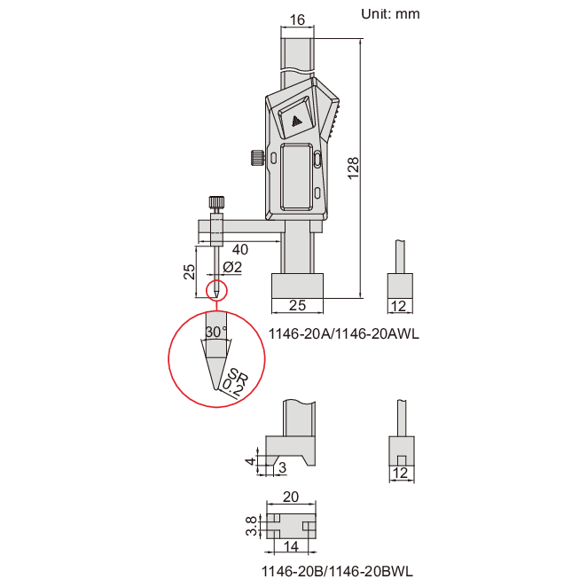 Insize Mini Digital Height Gauge 0-20mm/0-0.8" Range Series 1146-20A