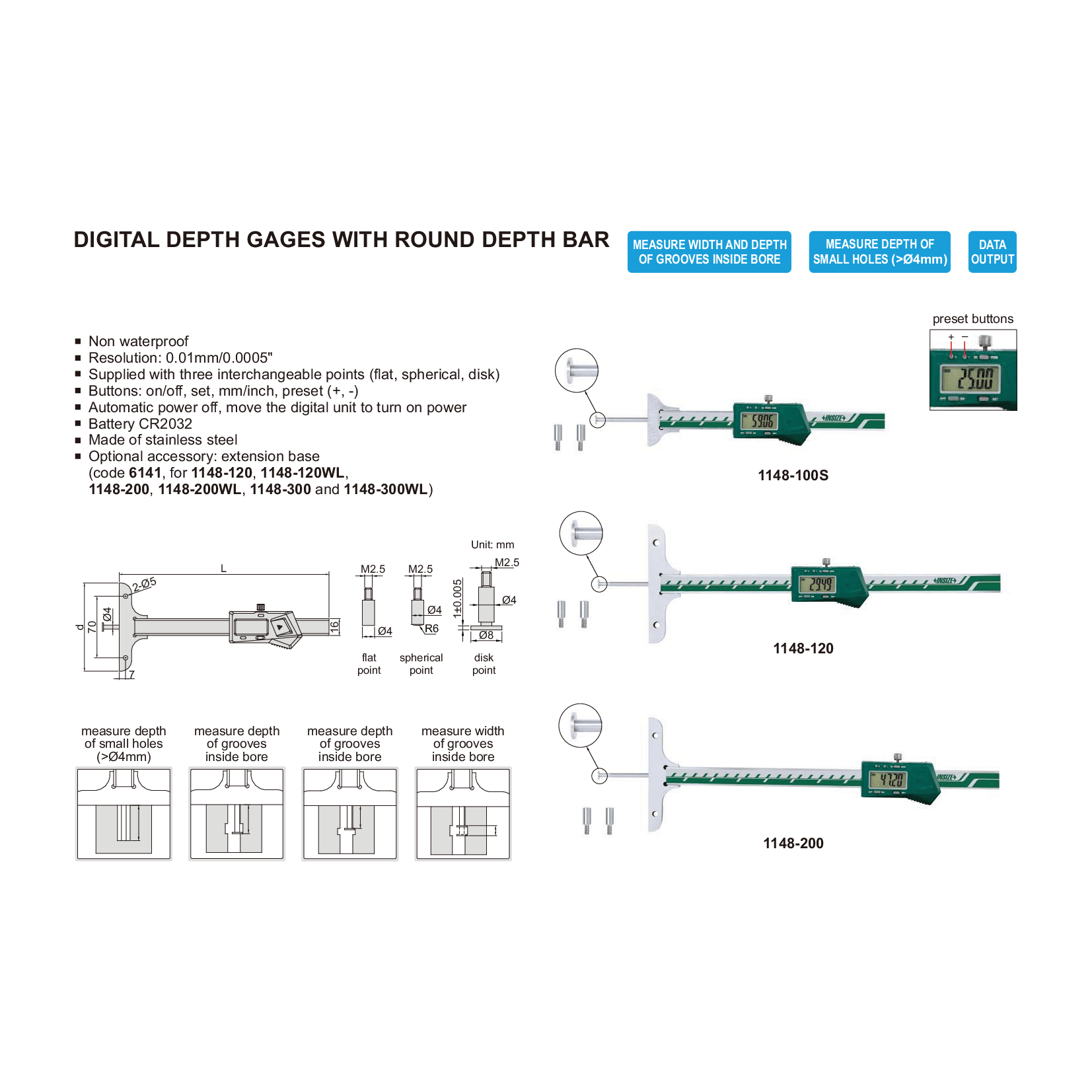 Insize Digital Depth Gauge 0-200mm / 0-8" Range Series 1148-200