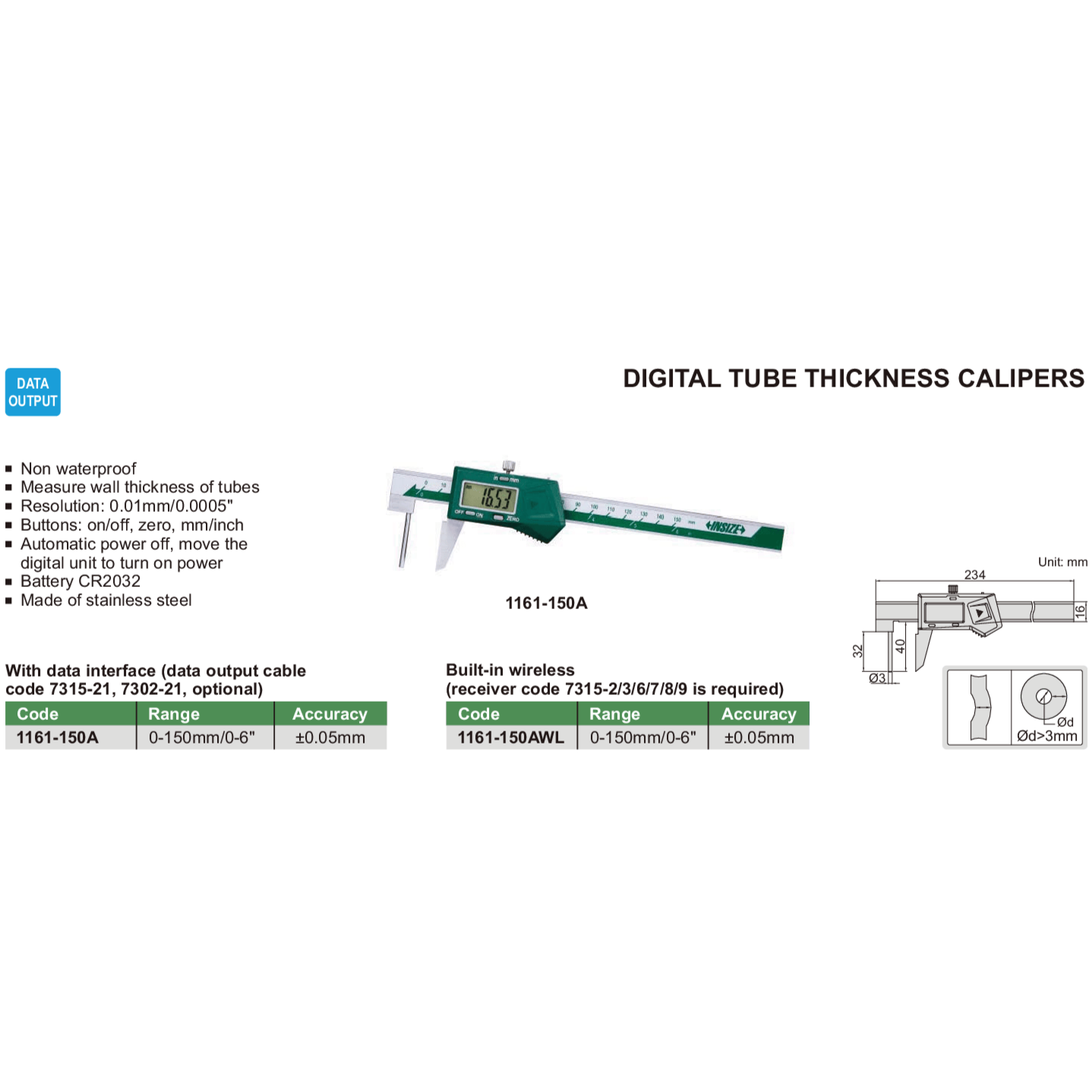 Insize Digital Tube Thickness Caliper 0-150mm/0-6" Range Series 1161-150A