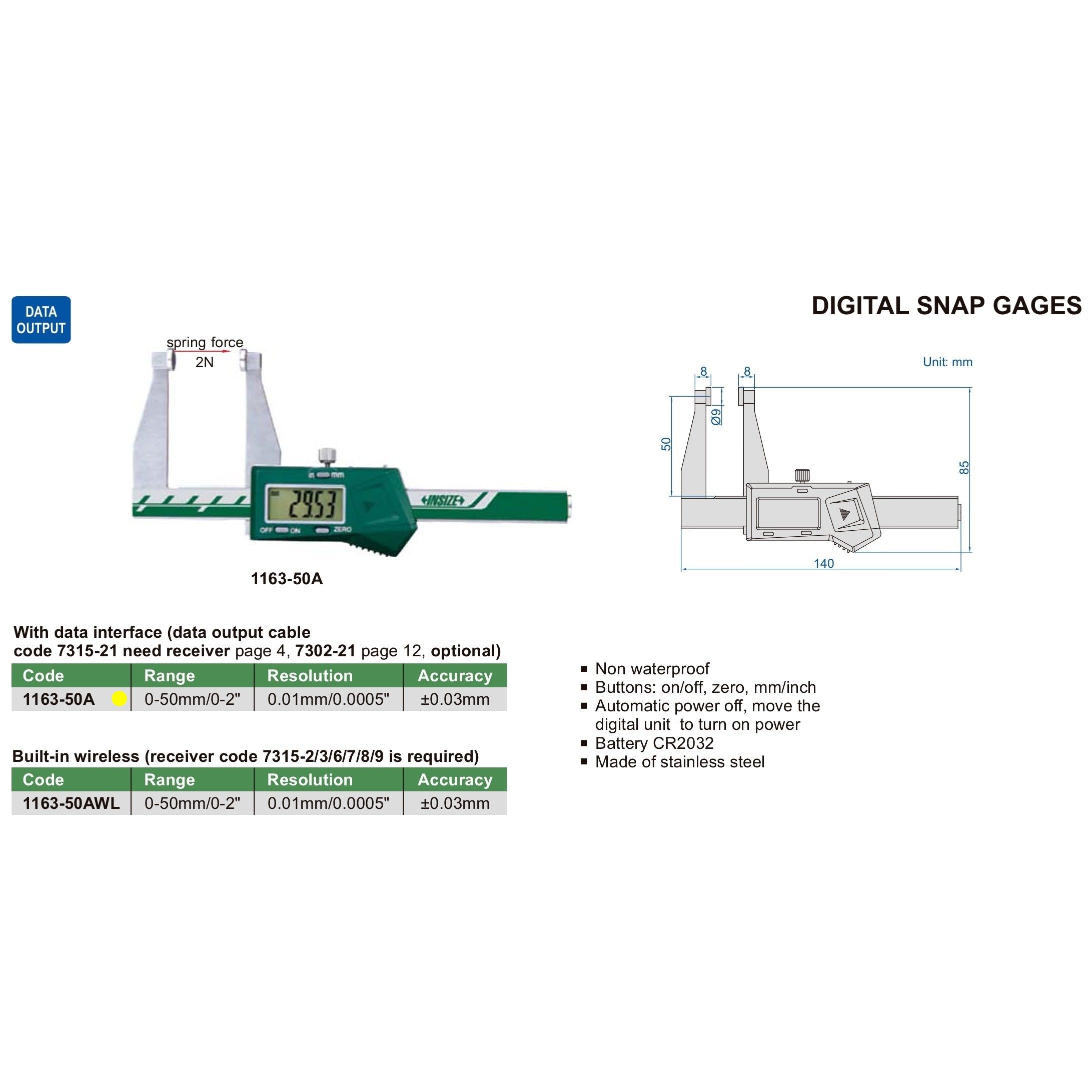 Insize Digital Snap Gauge 0-50mm/0-2" Range Series 1163-50A