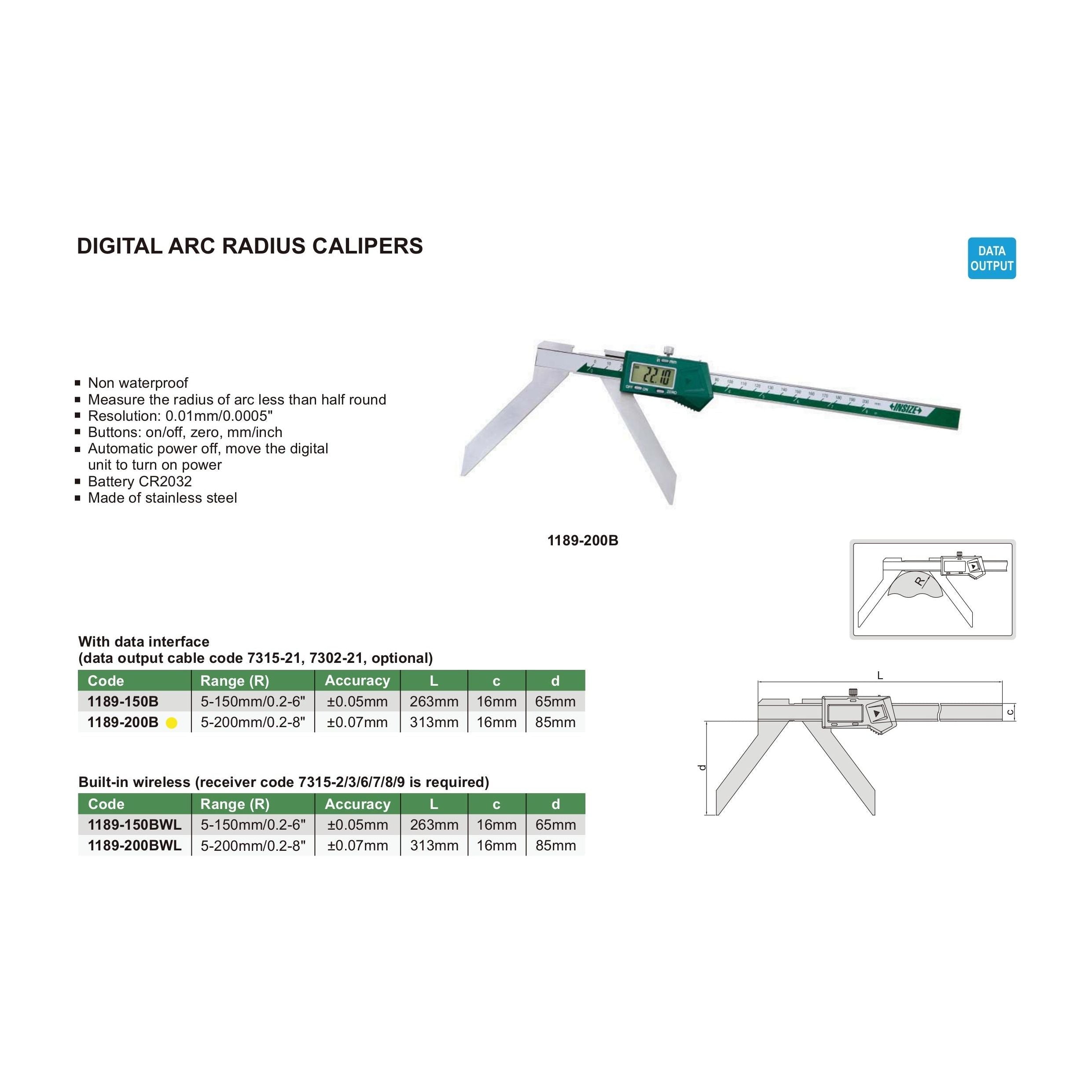 Insize Digital Arc Radius Caliper 5-200mm/0.2-8" Range Series 1189-200B