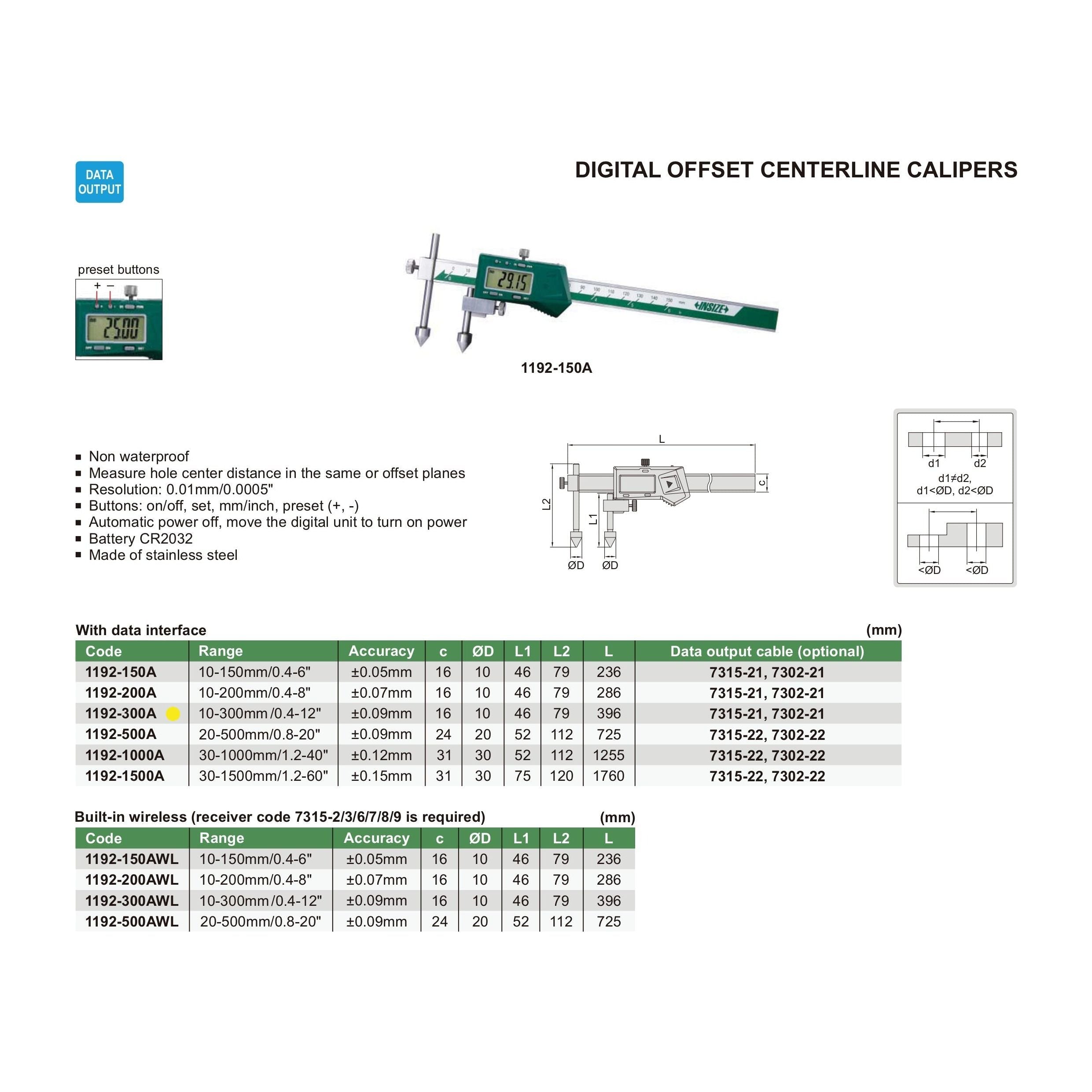 Insize Digital Offset Caliper 10-300mm Range Series 1192-300A