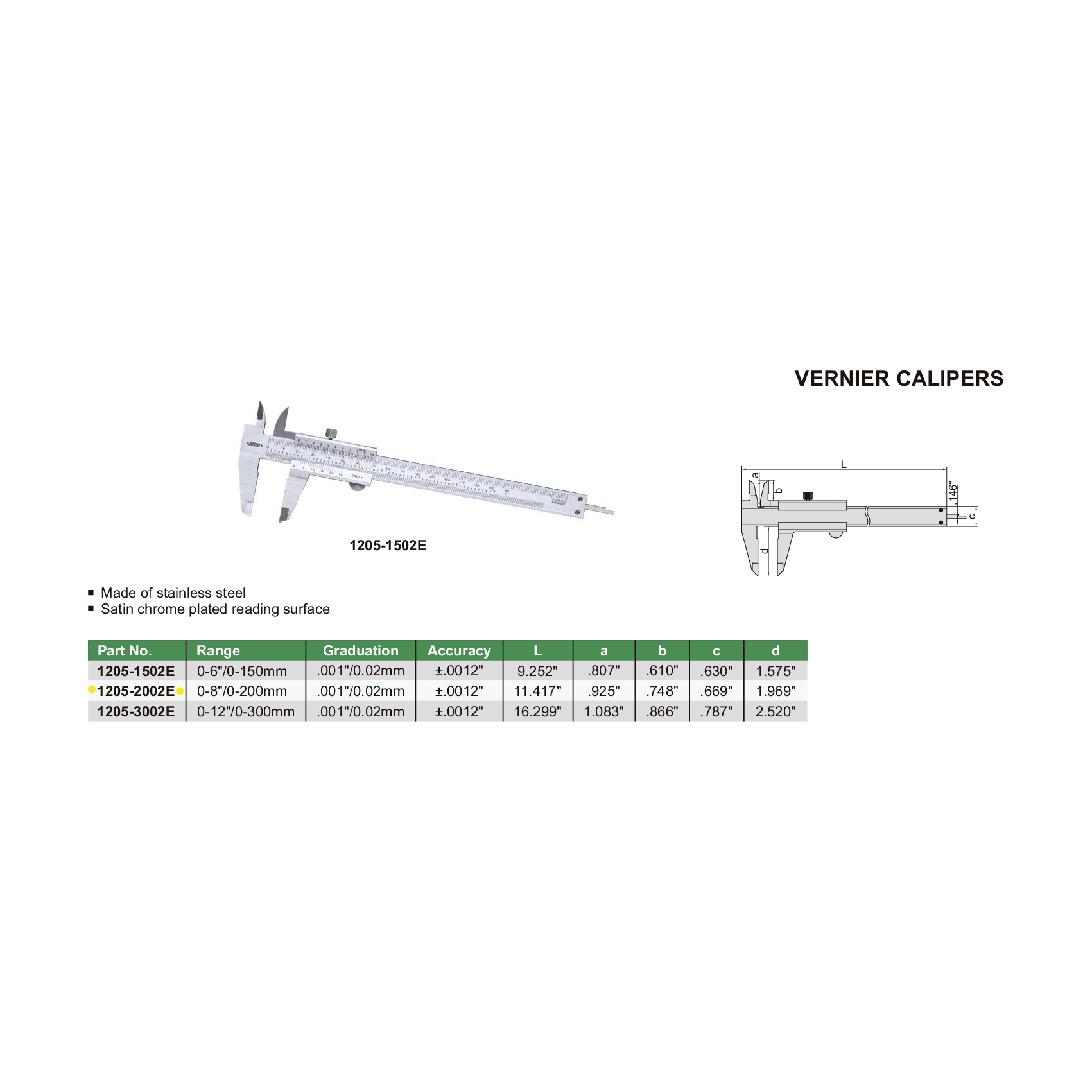 Insize Vernier Caliper 0-200mm/0-8" Range Series 1205-2002S