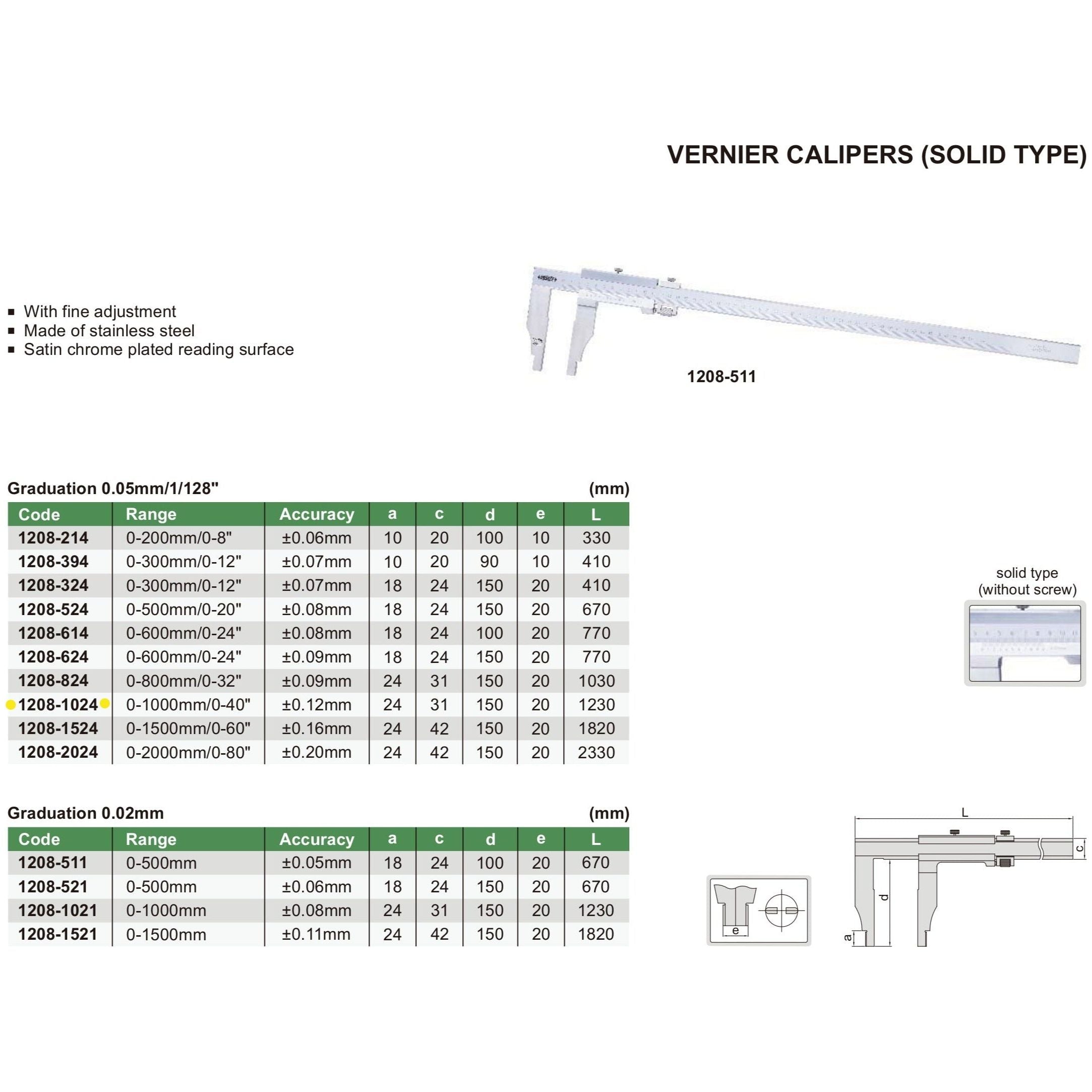 Insize Vernier Caliper 0-1000mm/0-40" Range Series 1208-1024