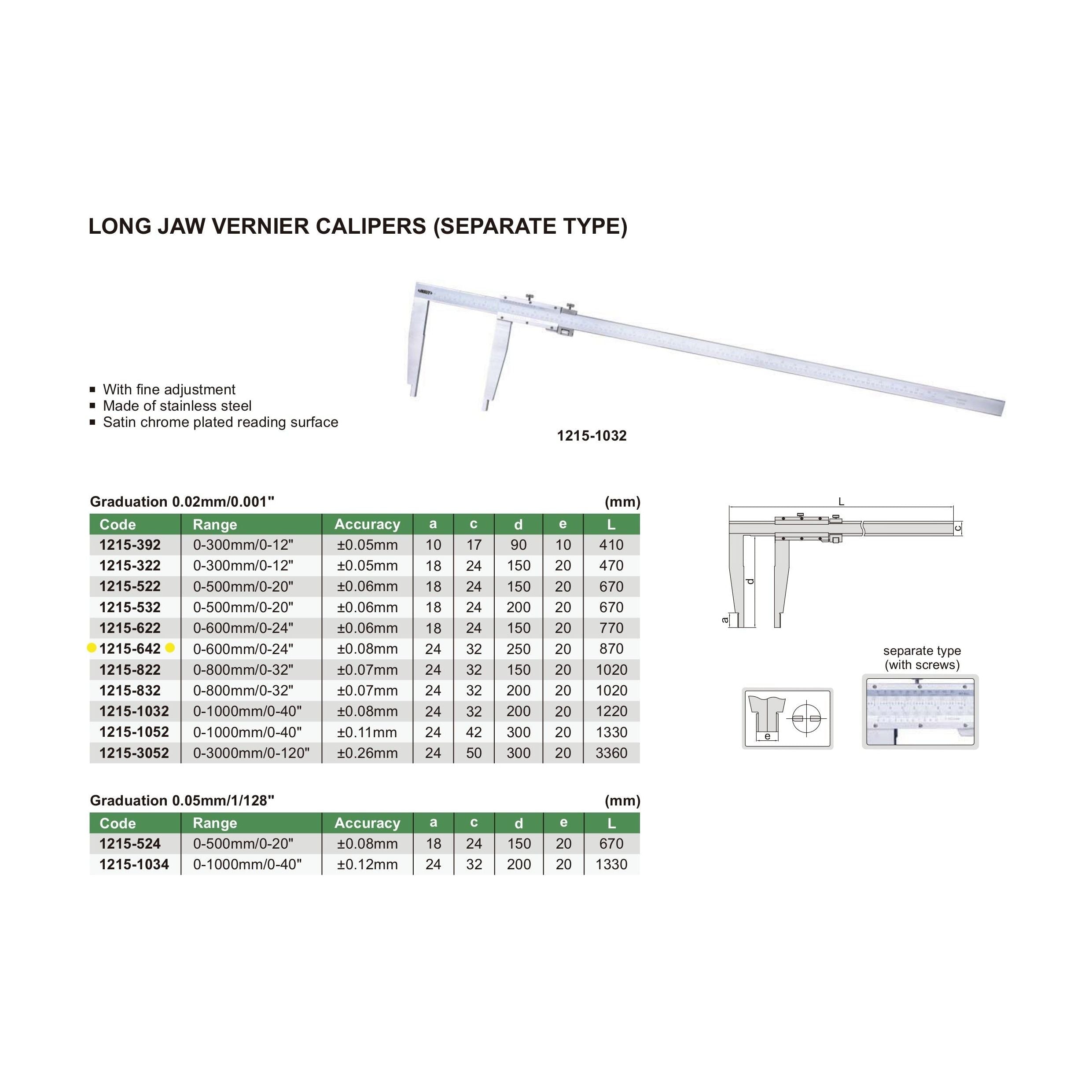 Insize Long Jaw Vernier Caliper 0-600mm/0-24" Range Series 1215-642