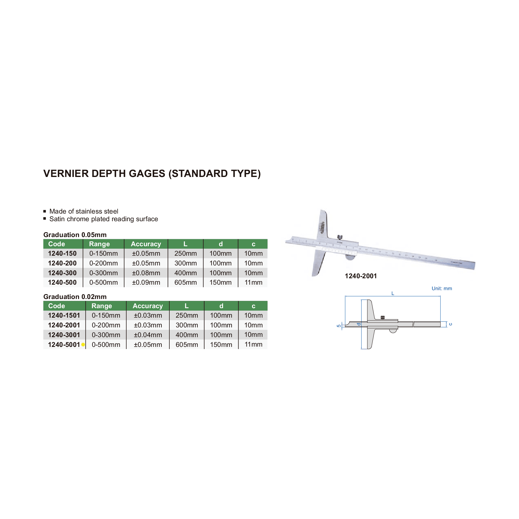 Insize Vernier Depth Gauge 0-500mm Range Series 1240-5001