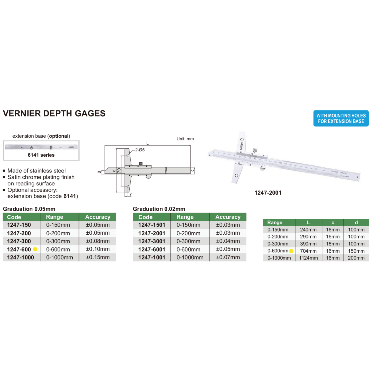 Insize Vernier Depth Gauge 0-600mm Range Series 1247-600