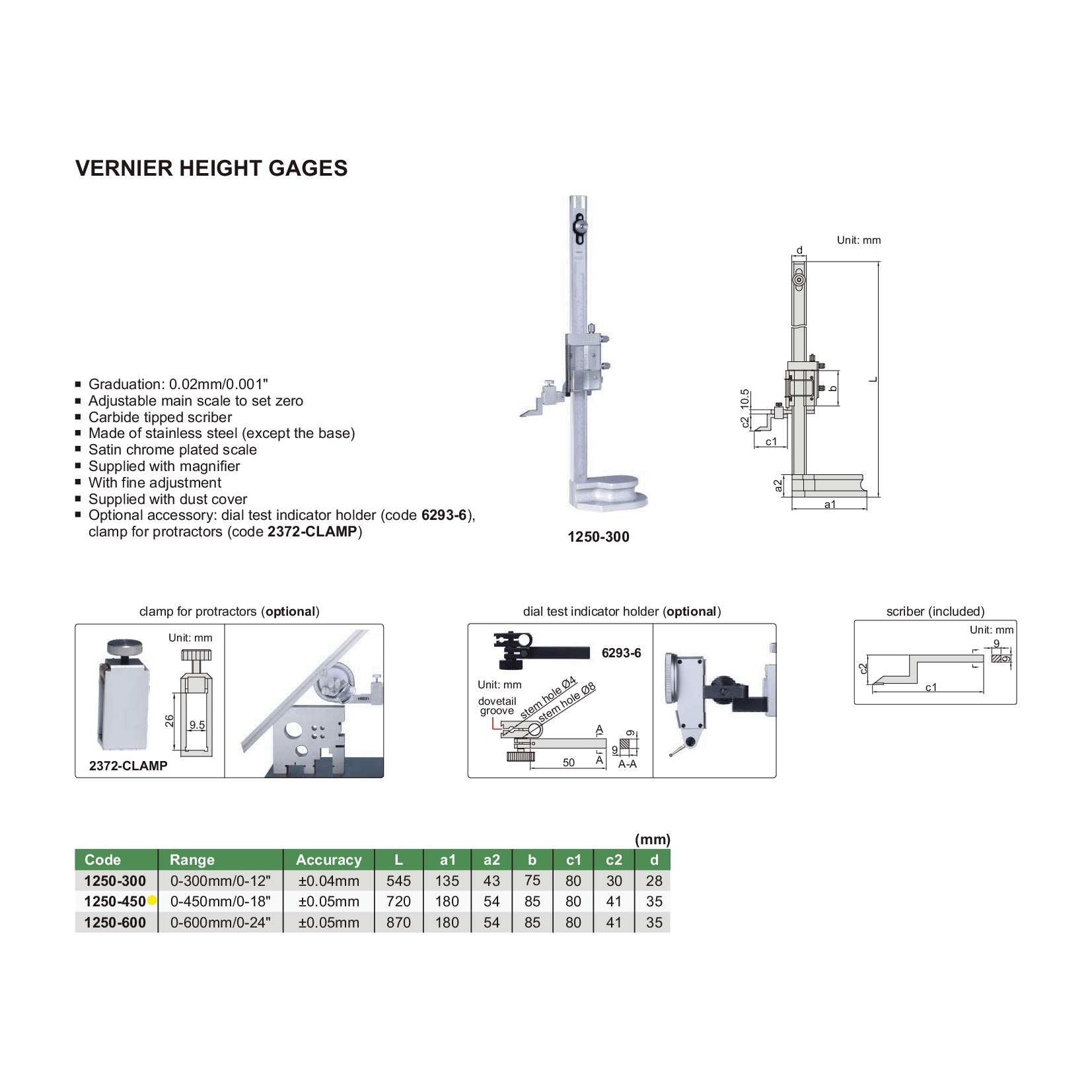 Insize Vernier Height Gauge 0-450mm / 0-18" Range Series 1250-450