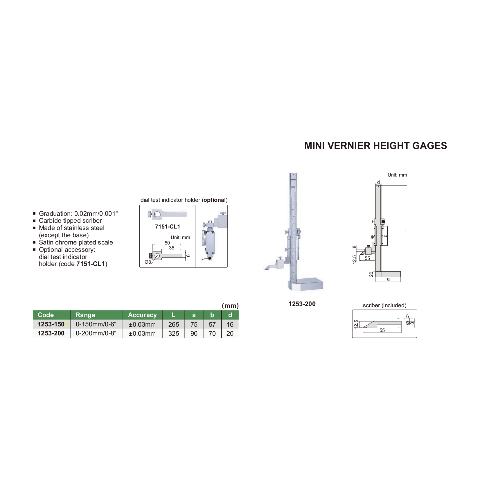 Insize Mini Vernier Height Gauge 0-150mm / 0-6" Range Series 1253-150