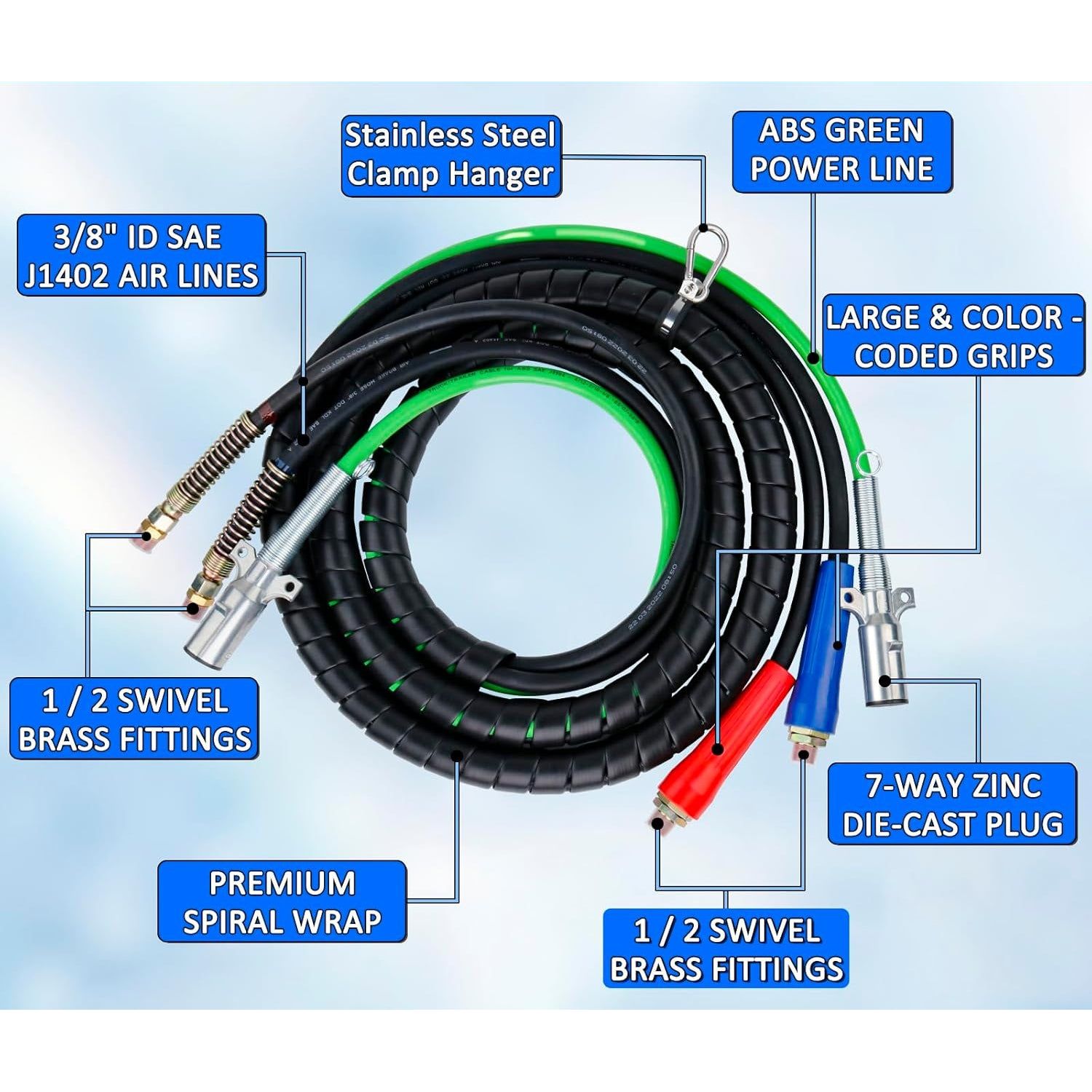 Heavy Duty 3-in-1 ABS Trailer Air Line Kit – 12 Ft Rubber Air Hoses with Power Line