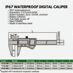 Insize IP67 Waterproof Digital Caliper 0–300 mm / 0–12″ Series 1115-300