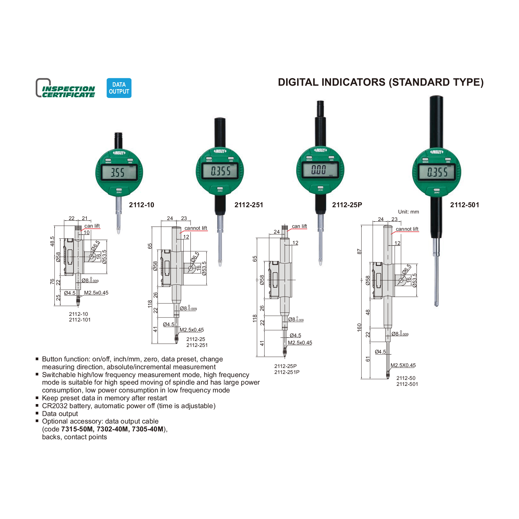 Insize Digital Indicator 12.7mm/0.5" Range Series 2112-101