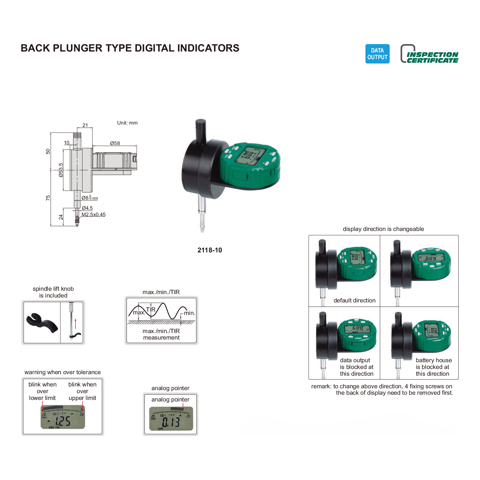 Insize Back Plunger Digital Indicator 12.7mm/0.5" Range Series 2118-10