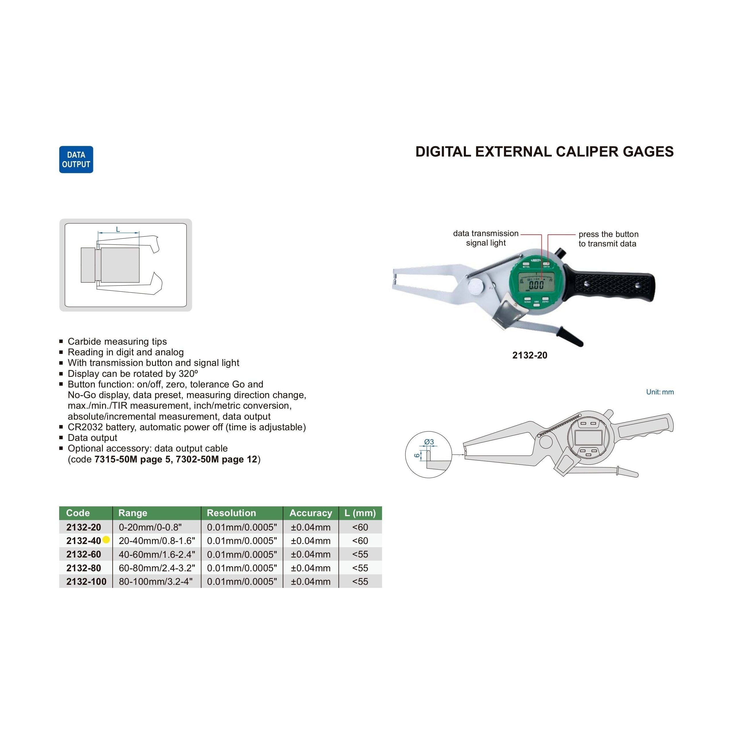 Insize Digital External Caliper Gauge 20-40mmm/0.8-1.6" Range Series 2132-40