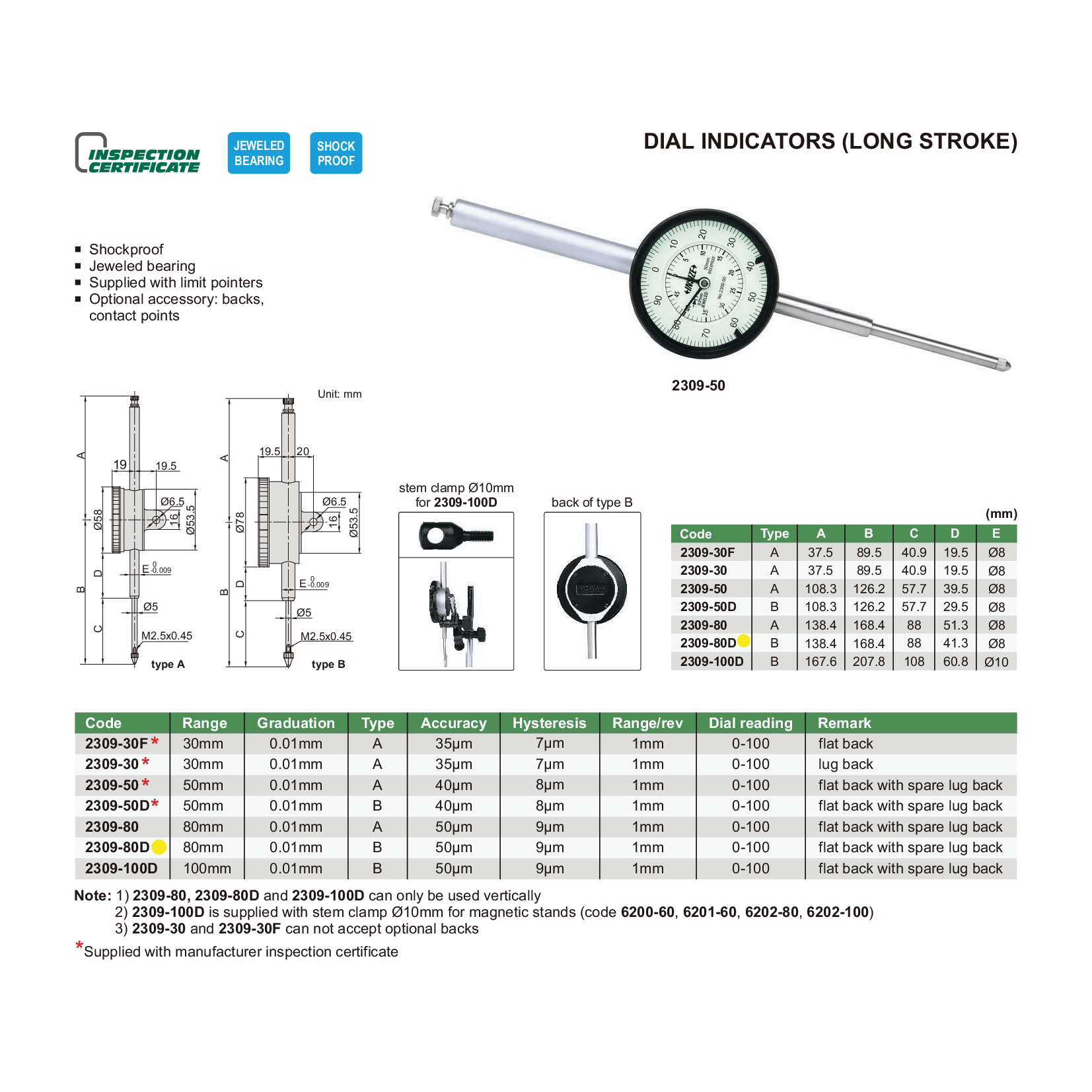 Insize Metric Long Stroke Dial Indicator 80mm Range Series 2309-80D