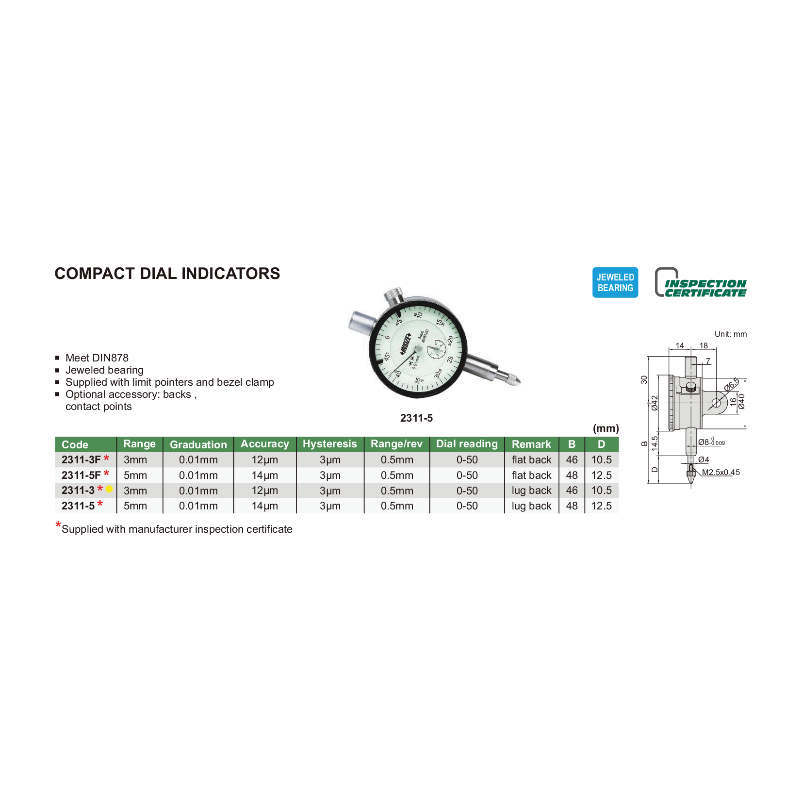 Insize Metric Compact Dial Indicator 3mm Range Series 2311-3