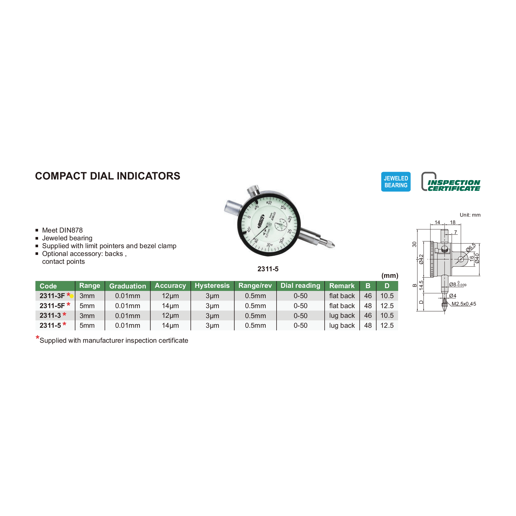Insize Metric Compact Dial Indicator 3mm Range Series 2311-3F