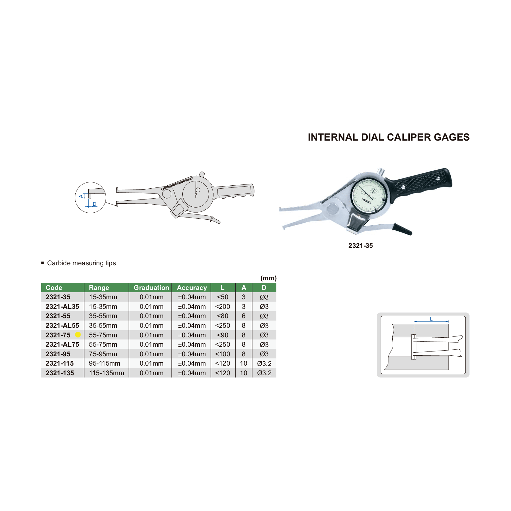 Insize Internal Dial Caliper Gauge 0-500mm Range Series 2321-75