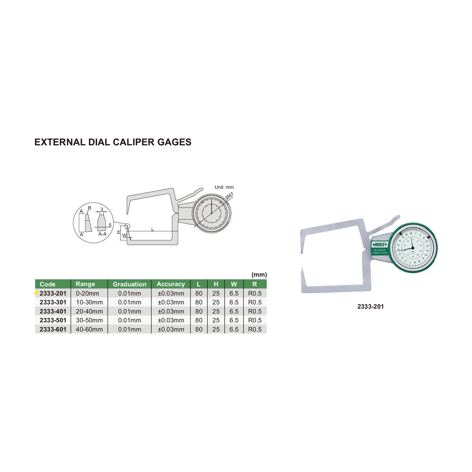 Insize External Dial Caliper Gauge 0-20mm x 0.1mm Range Series 2333-201