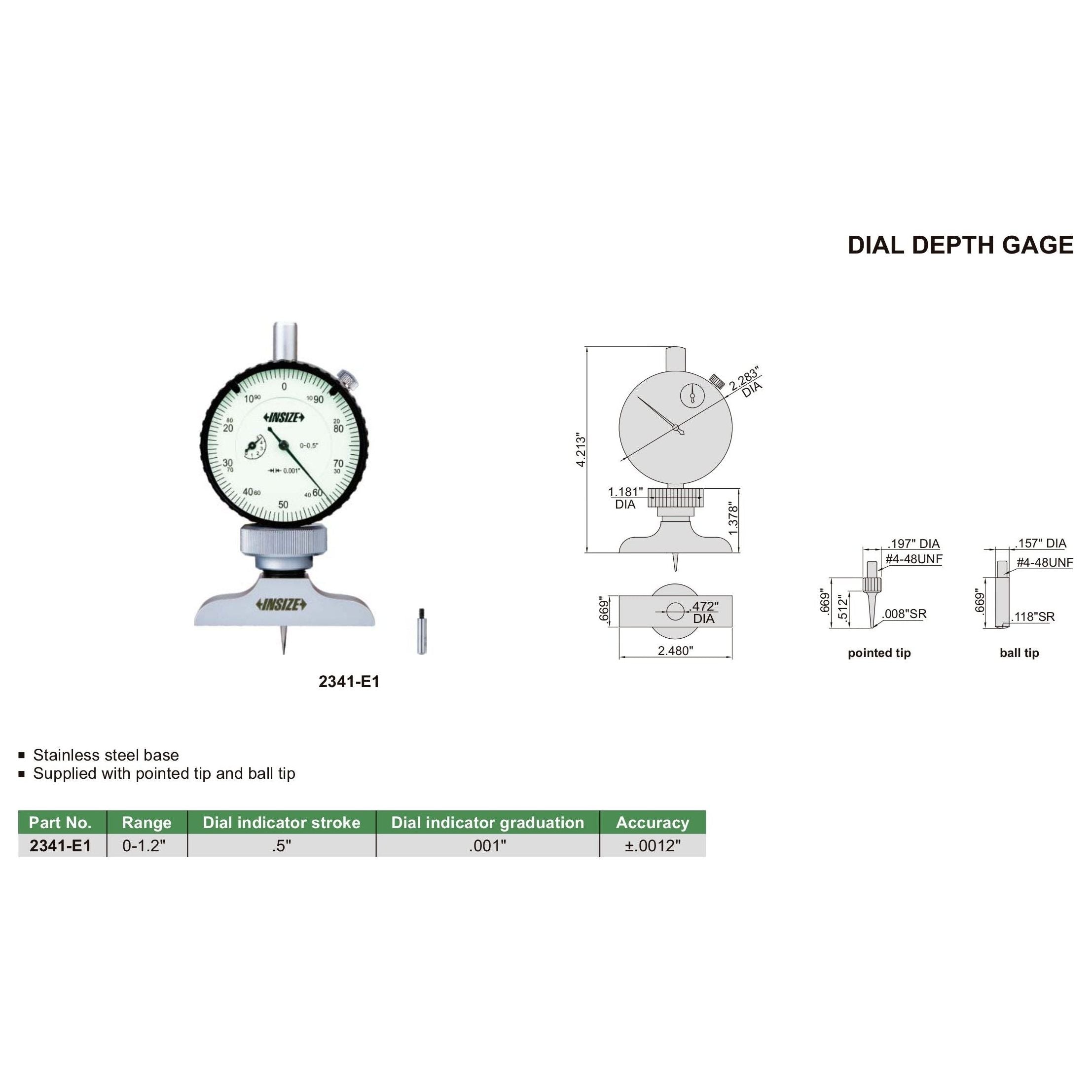 Insize Dial Depth Gauge 0-1.2" Range Series 2341-E1