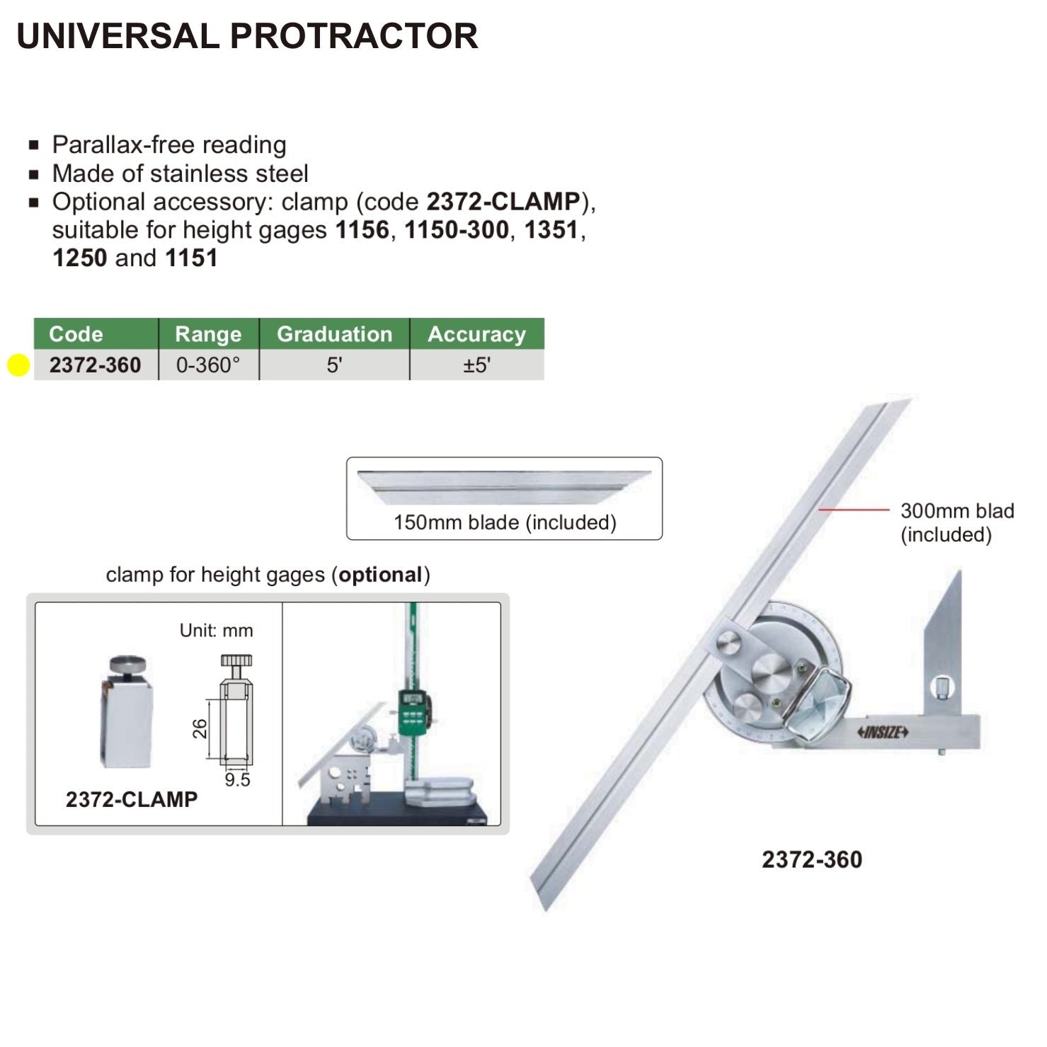 Insize Universal Protractor 0-360° Range Series 2372-360