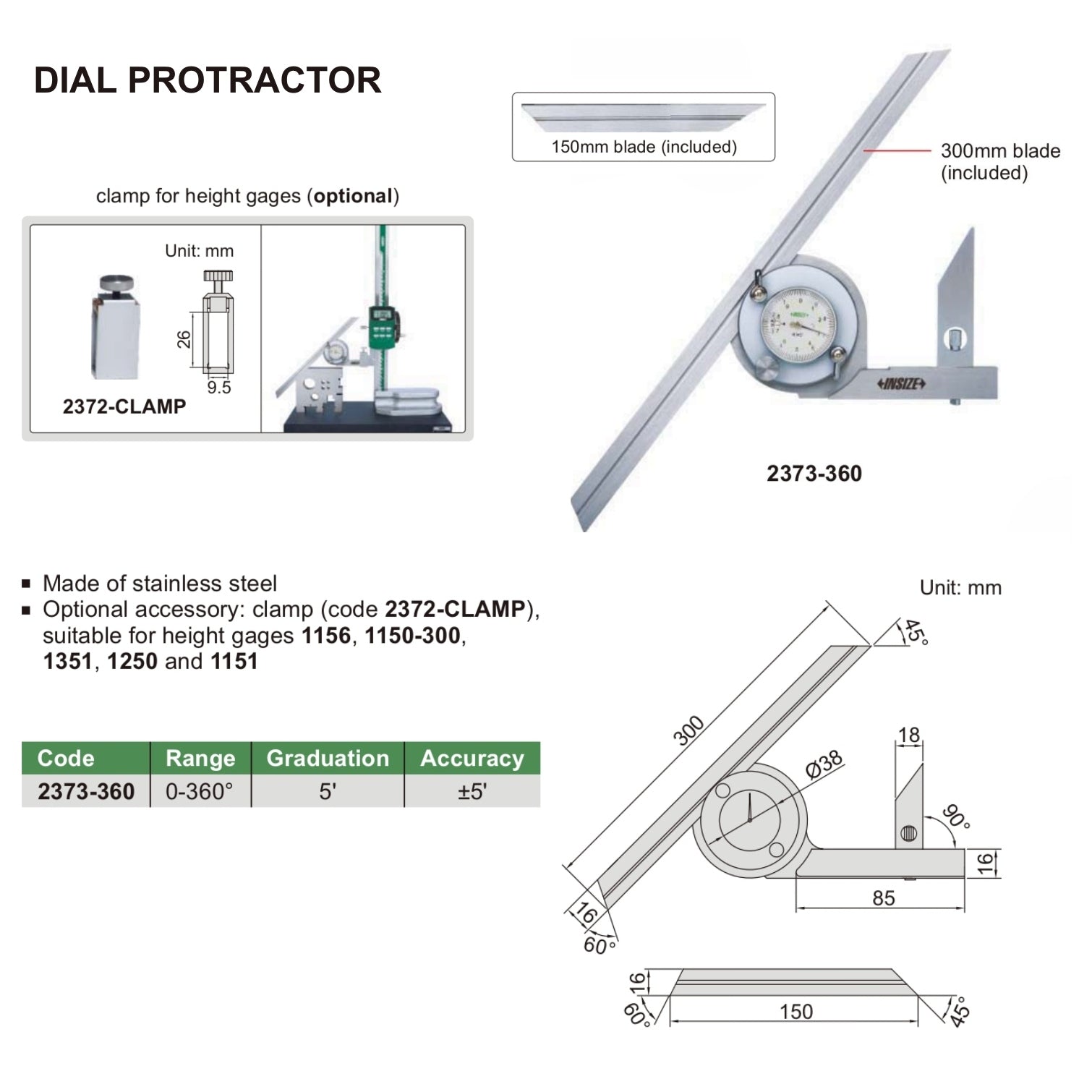 Insize Dial Protractor 0-360 x 5' Range Series 2373-360