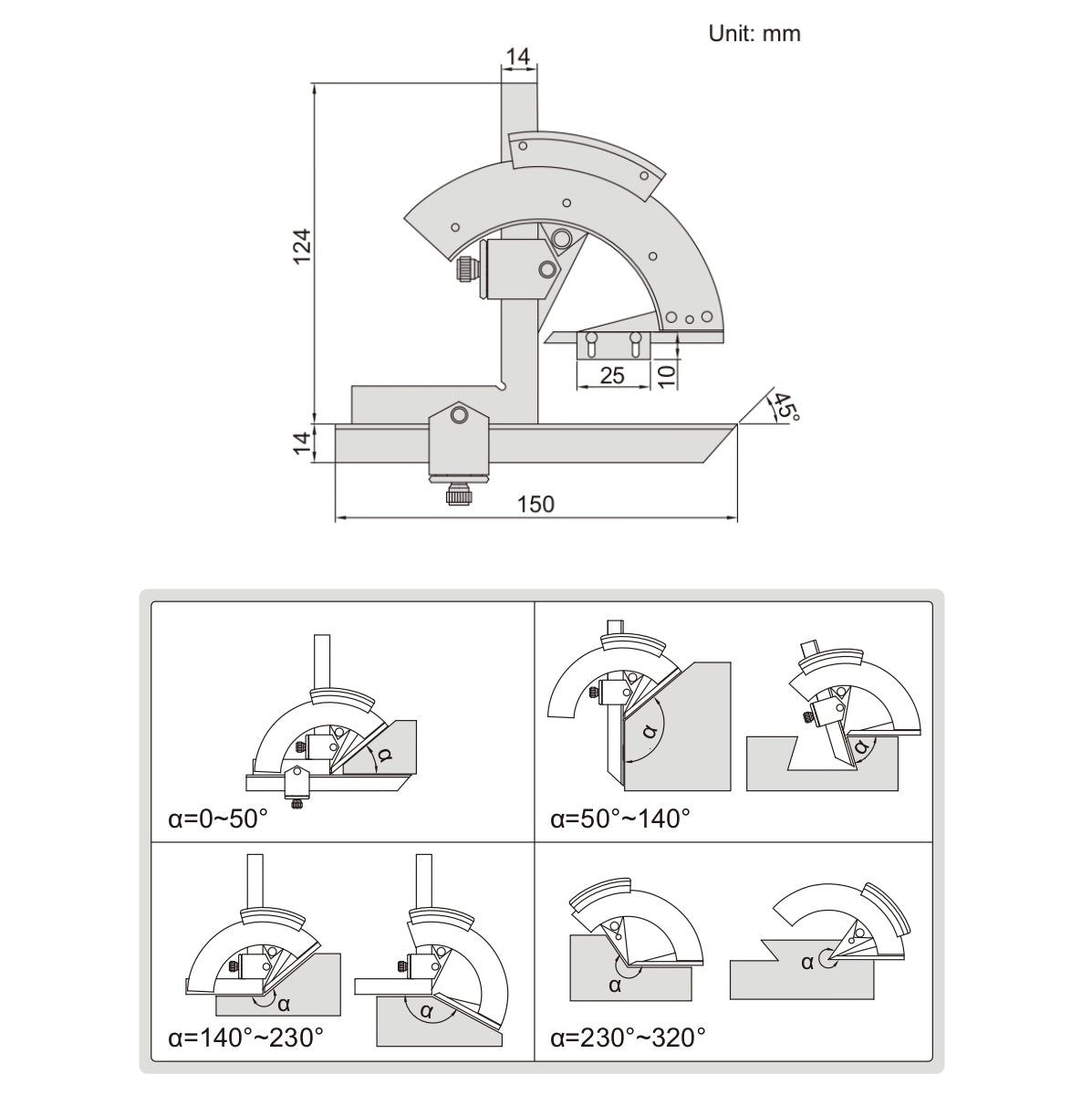 Insize Protractor 0-320° Range Series 2374-320