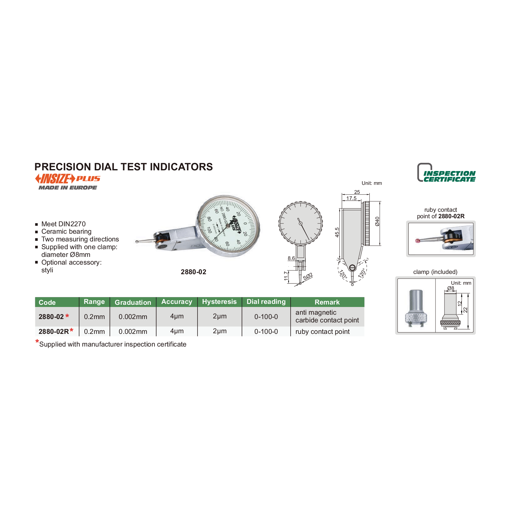 Insize Precision Dial Indicator 0.2mm Range Series 2880-02R