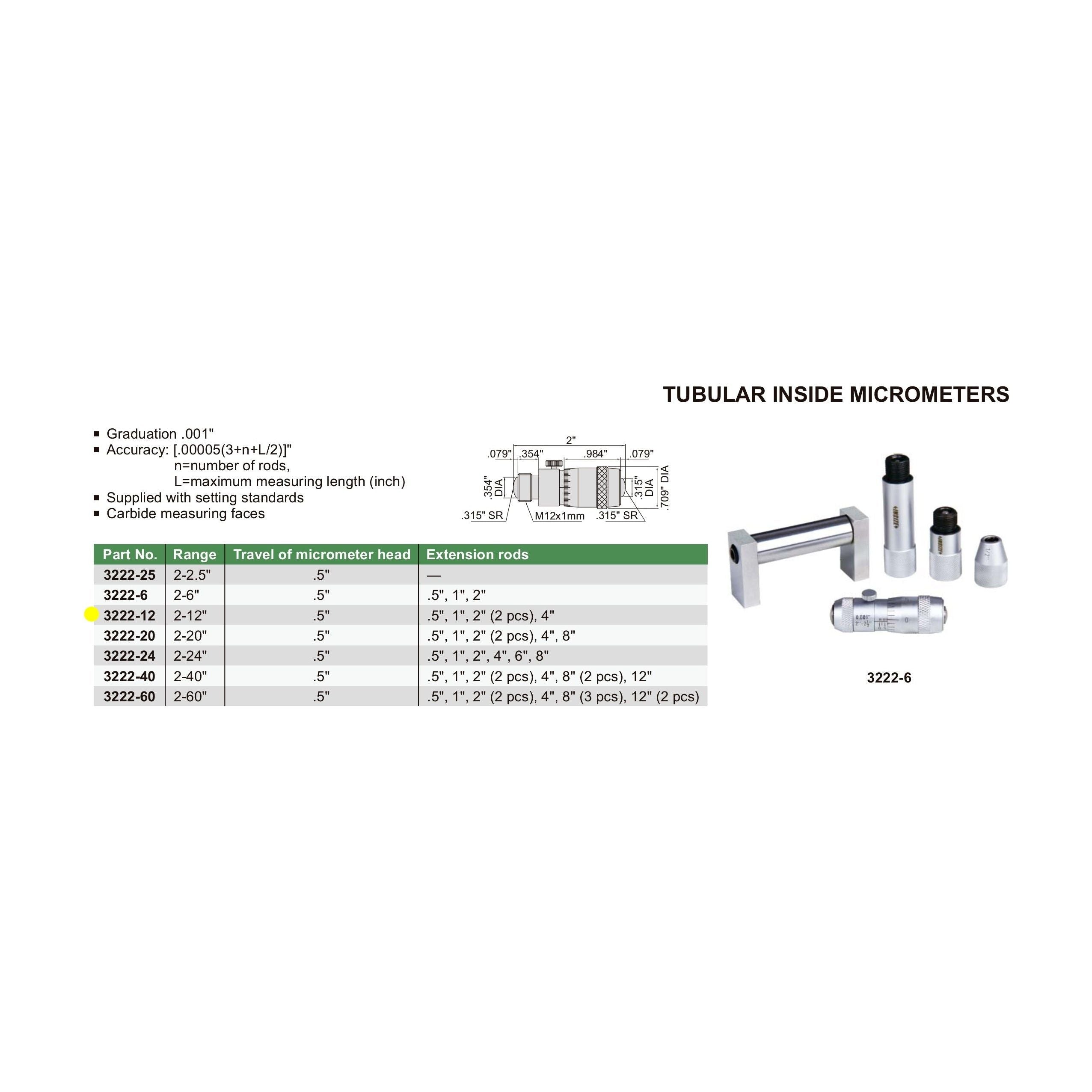 Insize Tubular Inside Micrometer 2-12" Range Series 3222-12