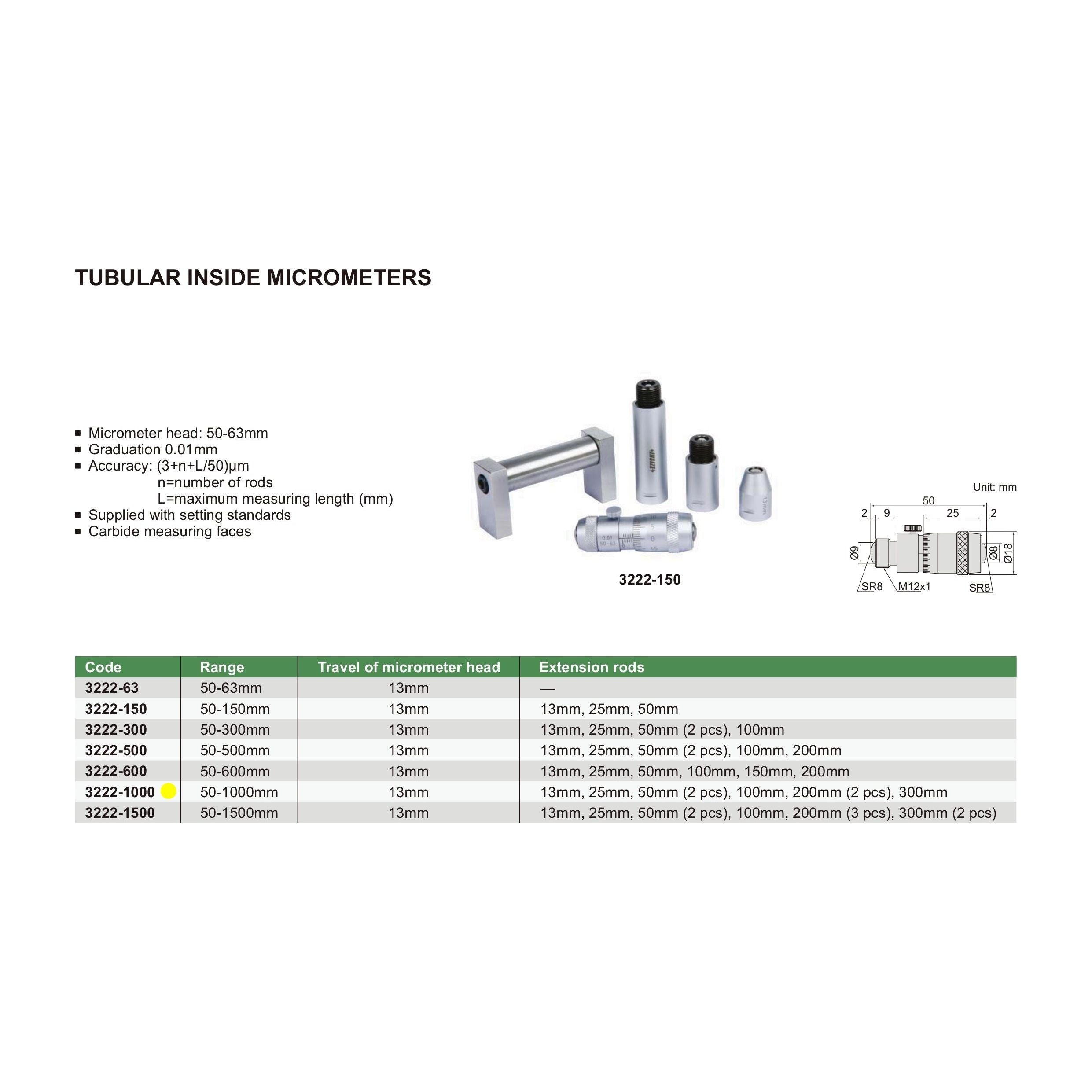 Insize Tubular Inside Micrometer 50-1000mm Range Series 3222-1000