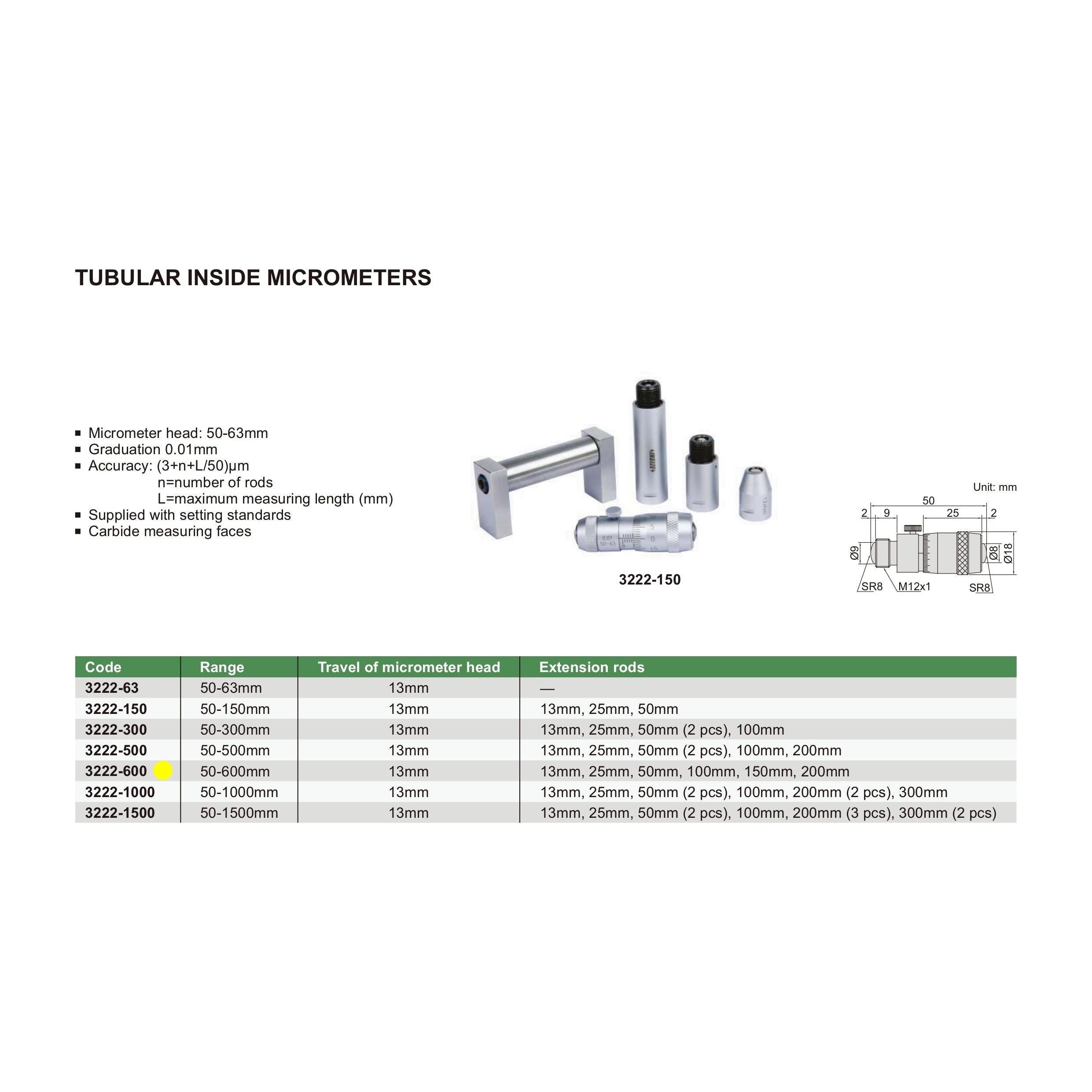 Insize Tubular Inside Micrometer 50-600mm Range Series 3222-600