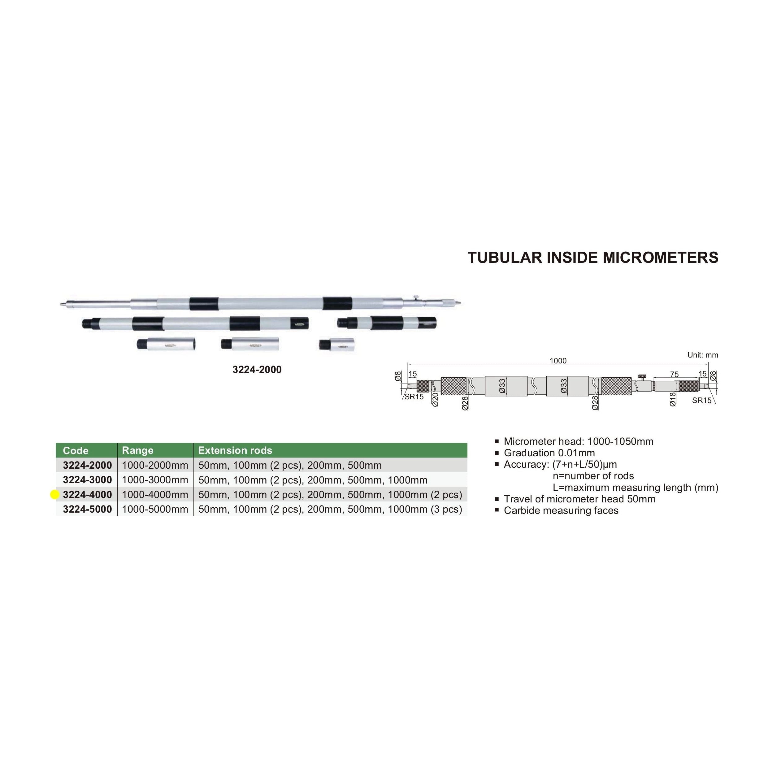 Insize Tubular Inside Micrometer 1000-4000mm Range Series 3224-4000