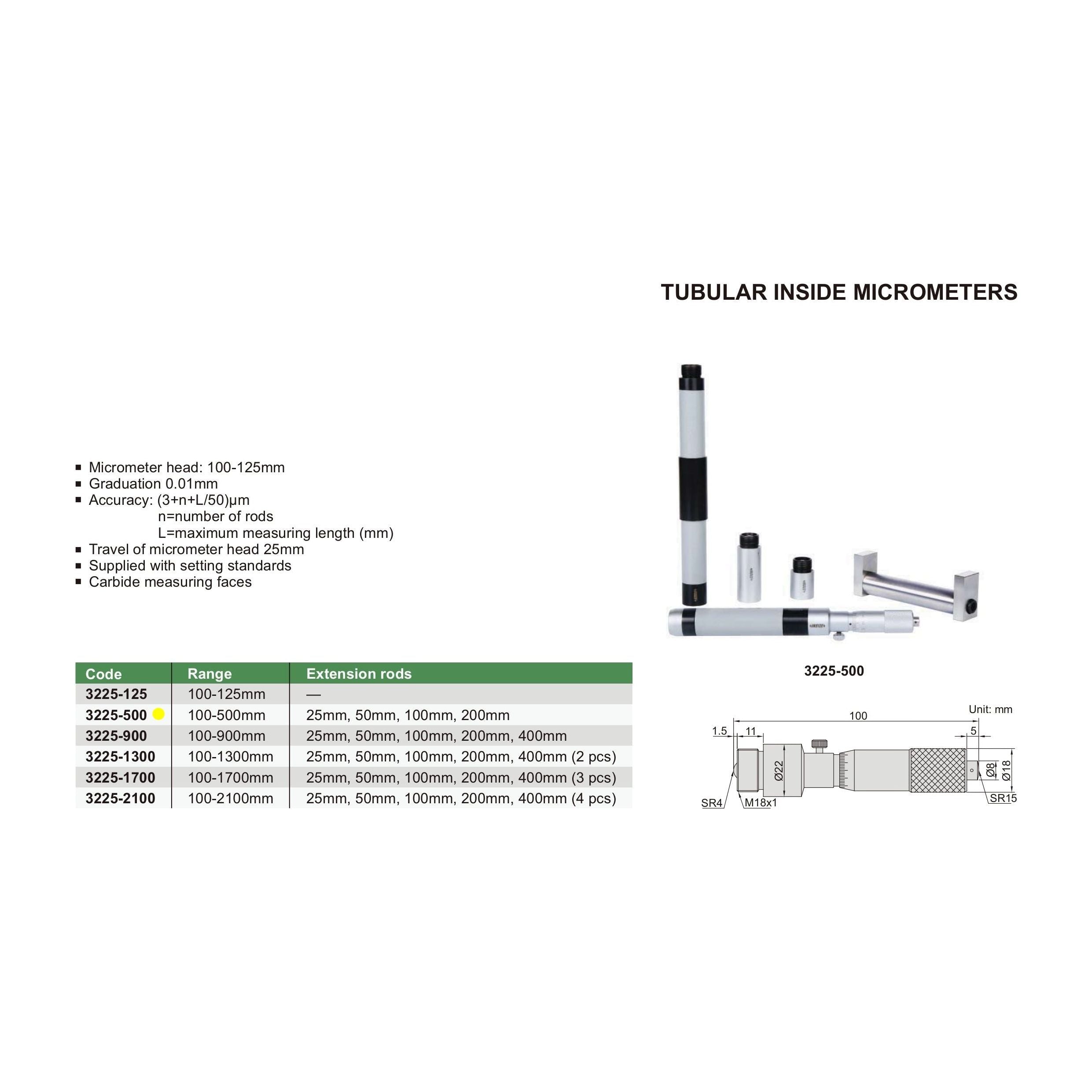 Insize Tubular Inside Micrometer 100-500mm Range Series 3225-500