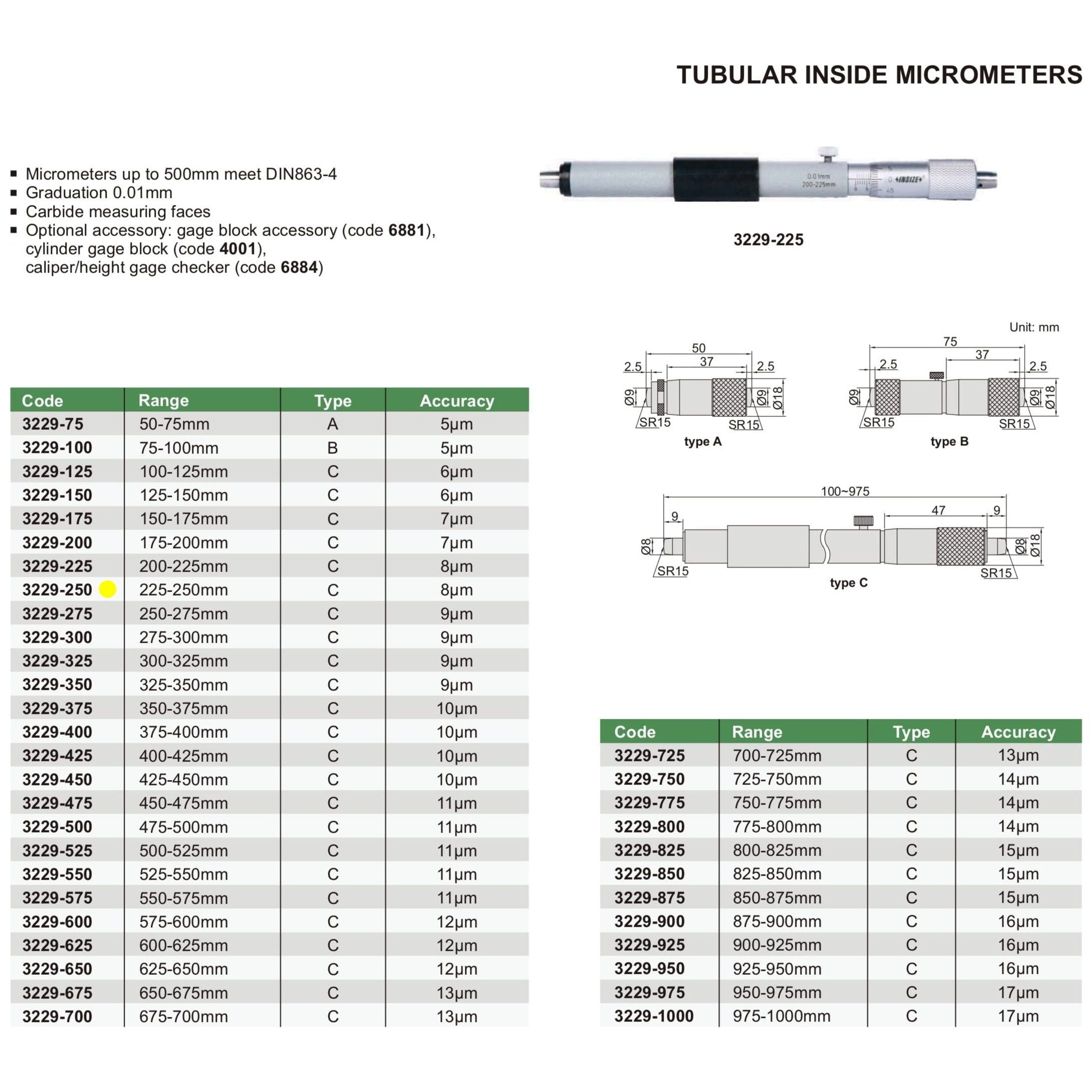 Insize Tubular Inside Micrometer 225-250mm Range Series 3229-250