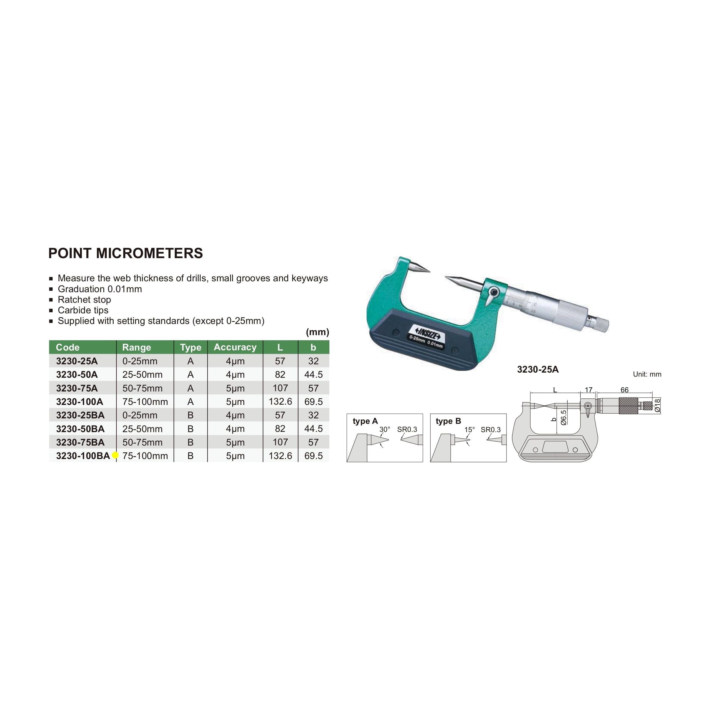 Insize Point Micrometer 75-100mm Range Series 3230-100BA